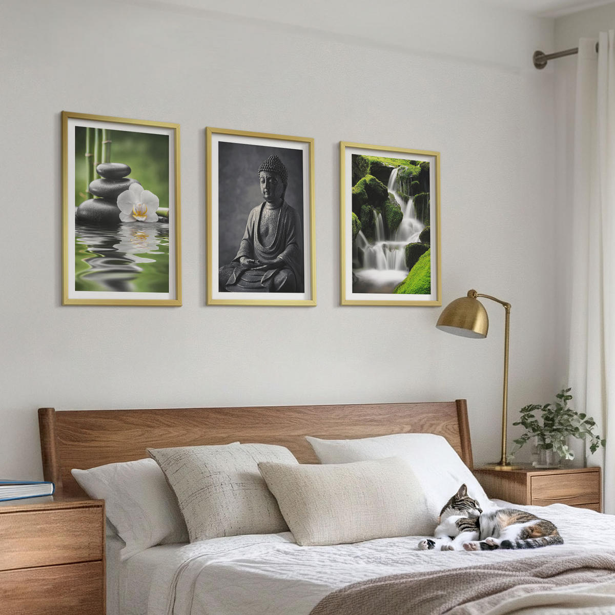 BILDER SET 3er Set - 40x60 cm Goldrahmen - Entspannende Zen-Wassermalerei - Goldfarben, Kunststoff (40/60cm) - TULUP