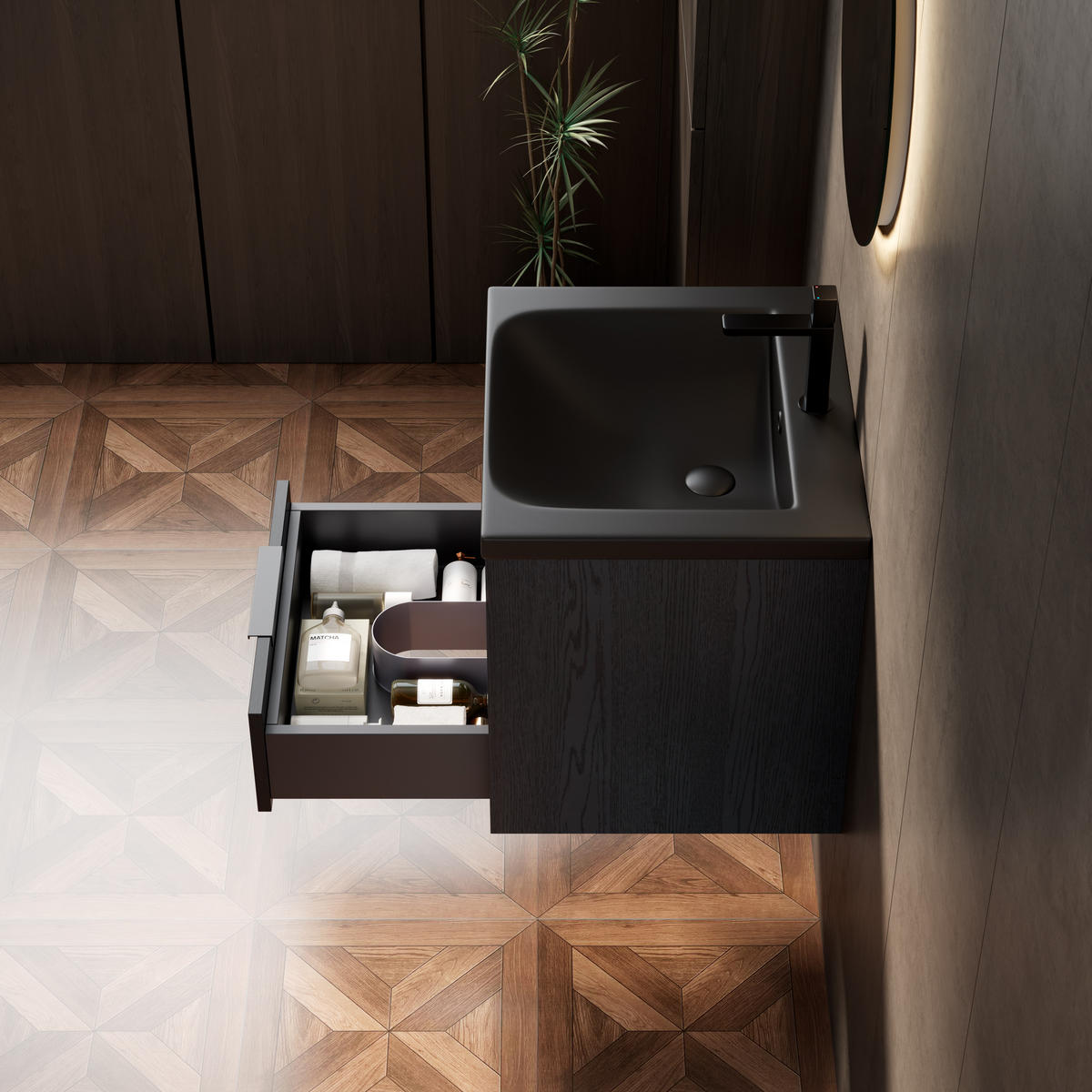 WASCHTISCHUNTERSCHRANK 51.5x47x51.5cm Schwarz/Dunkleiche mit integrierter Keramikspüle - Schwarz, Keramik (51.5/51.5/47cm) - Modfu