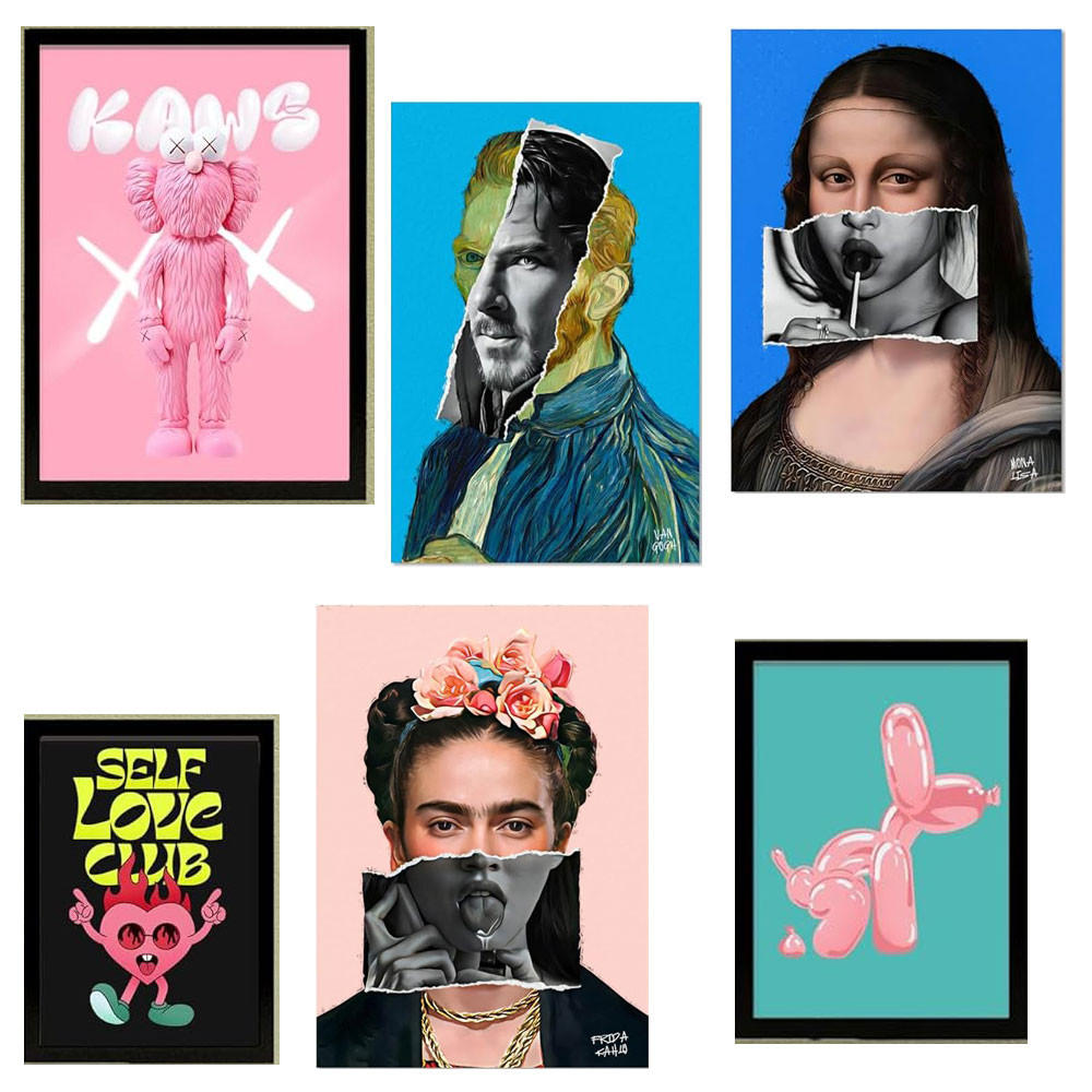 POSTER Set Mit 6 Iconica Frida Van Goght Monna Lisa Pop Art A3 & A4 Schwarzer Rahmen - Schwarz, Papier (29/3/42cm) - Nacnic