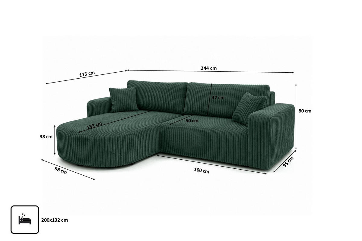ECKSOFA Mit Schlaffunktion, Cordstoff Tilia, Grün, Links, ROUND ONE - Grün, Holz (244/175cm) - Kaiser Möbel
