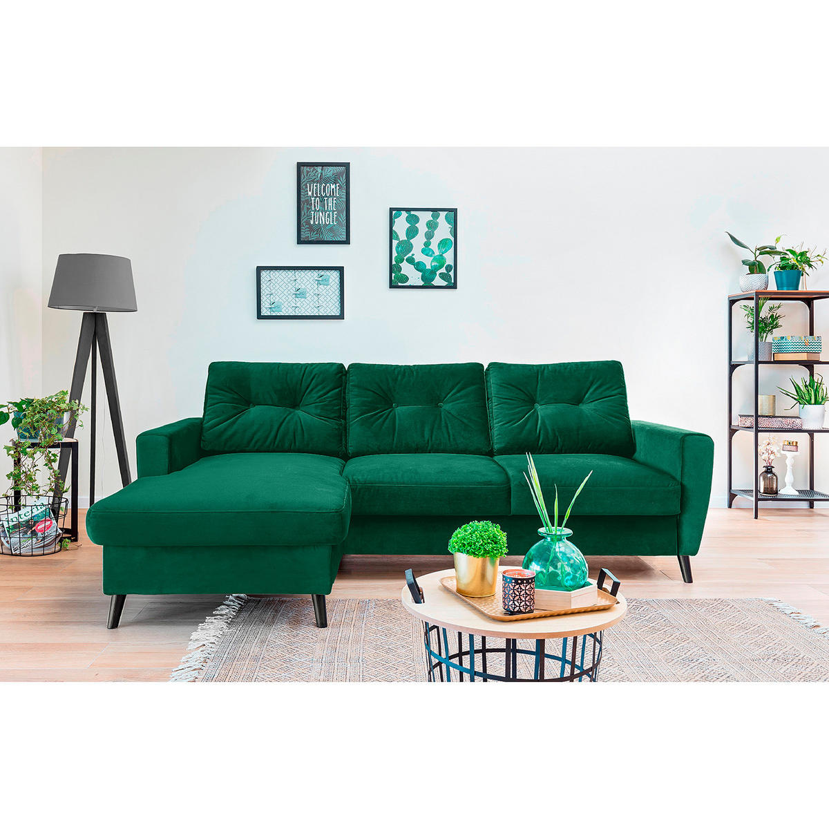 ECKSOFA mit Longchair - Smaragdgrün/Schwarz, Buchenholz/Textil (233/148cm) - home24