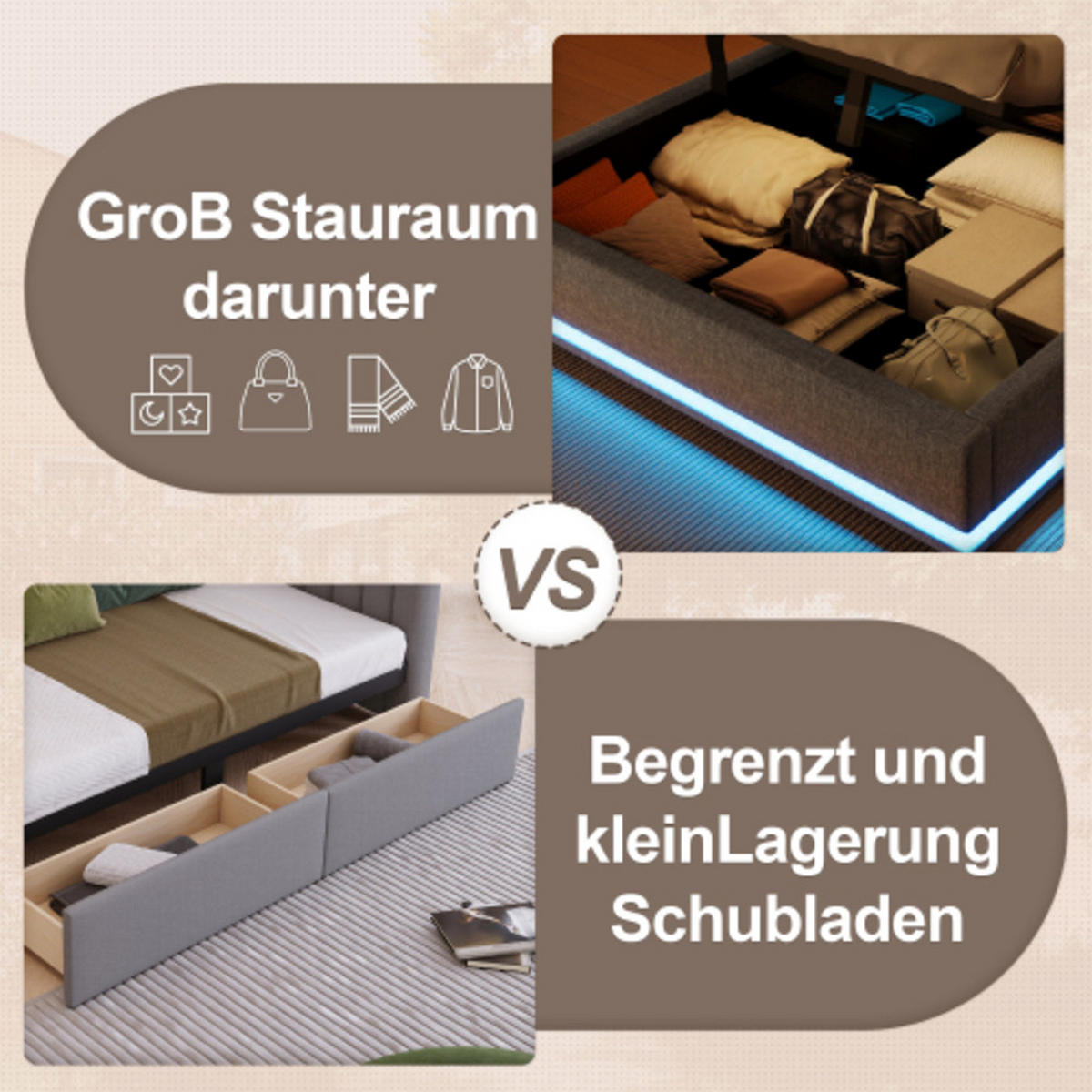 POLSTERBETT 140 × 200 cm mit Leinenbezug, LED-Lichtleisten, Hydraulikstauraum und USB-C Schnellladestation, grau - Grau, Textil (140/200cm) - Luhomfu