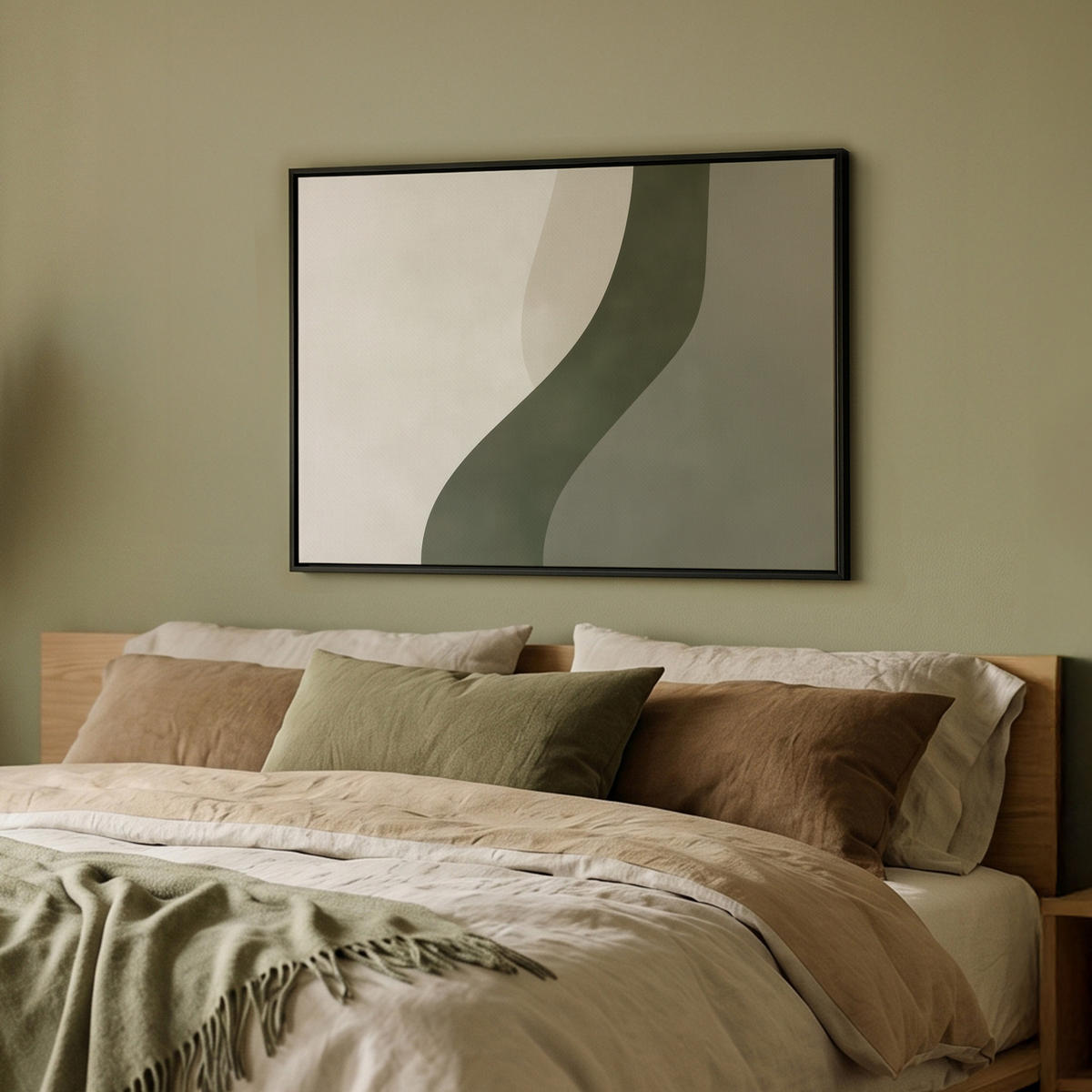 LEINWAND Bilder mit Rahmen - Japandi - Grün - Abstrakt - Modern - 80x60 - Salbeigrün, Textil (80/60cm) - MuchoWow