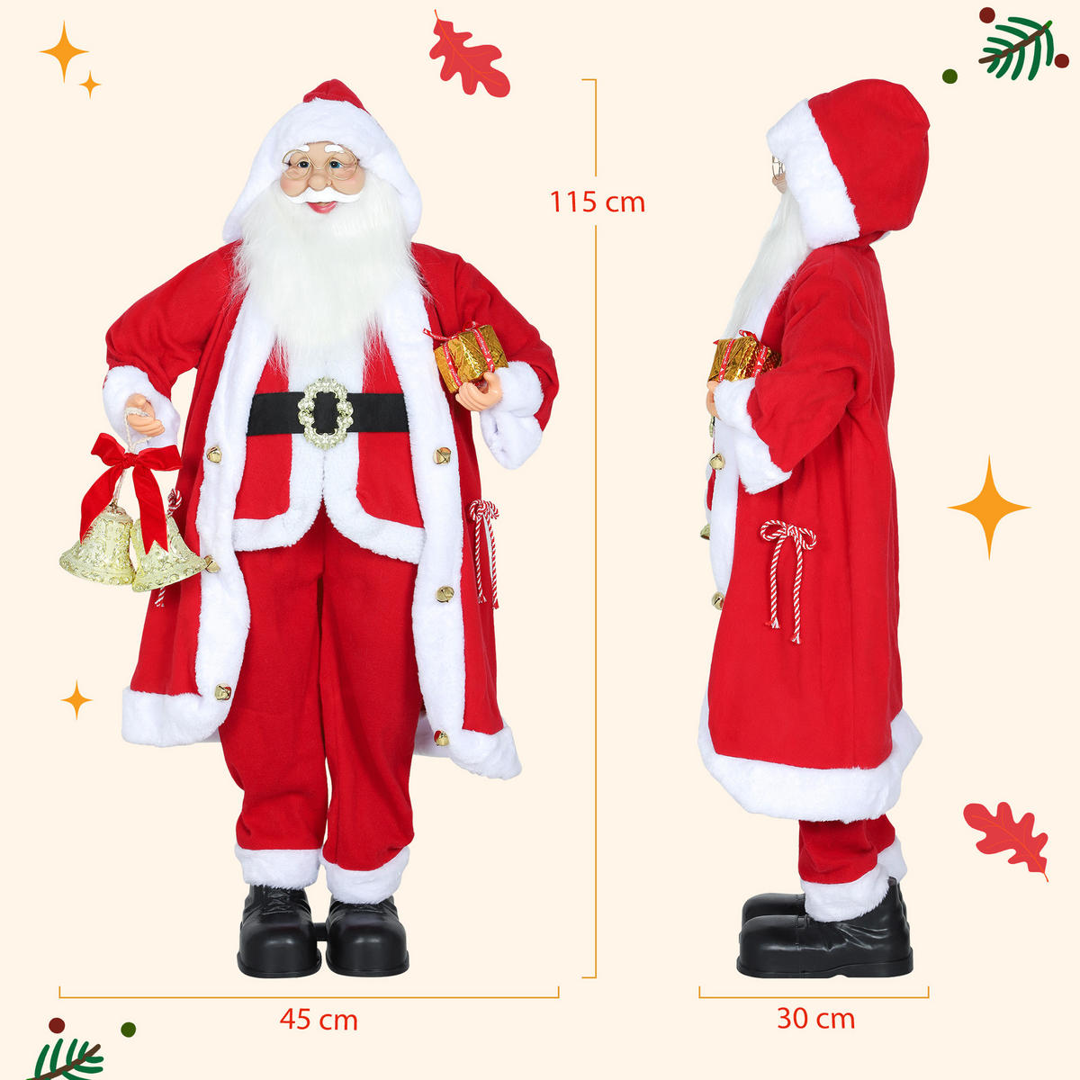 WEIHNACHTSMANN 1,15 m stehende Weihnachtsmann mit Geschenk- und Weihnachtsglock - Rot, Textil (30/115/45cm) - HOMCOM