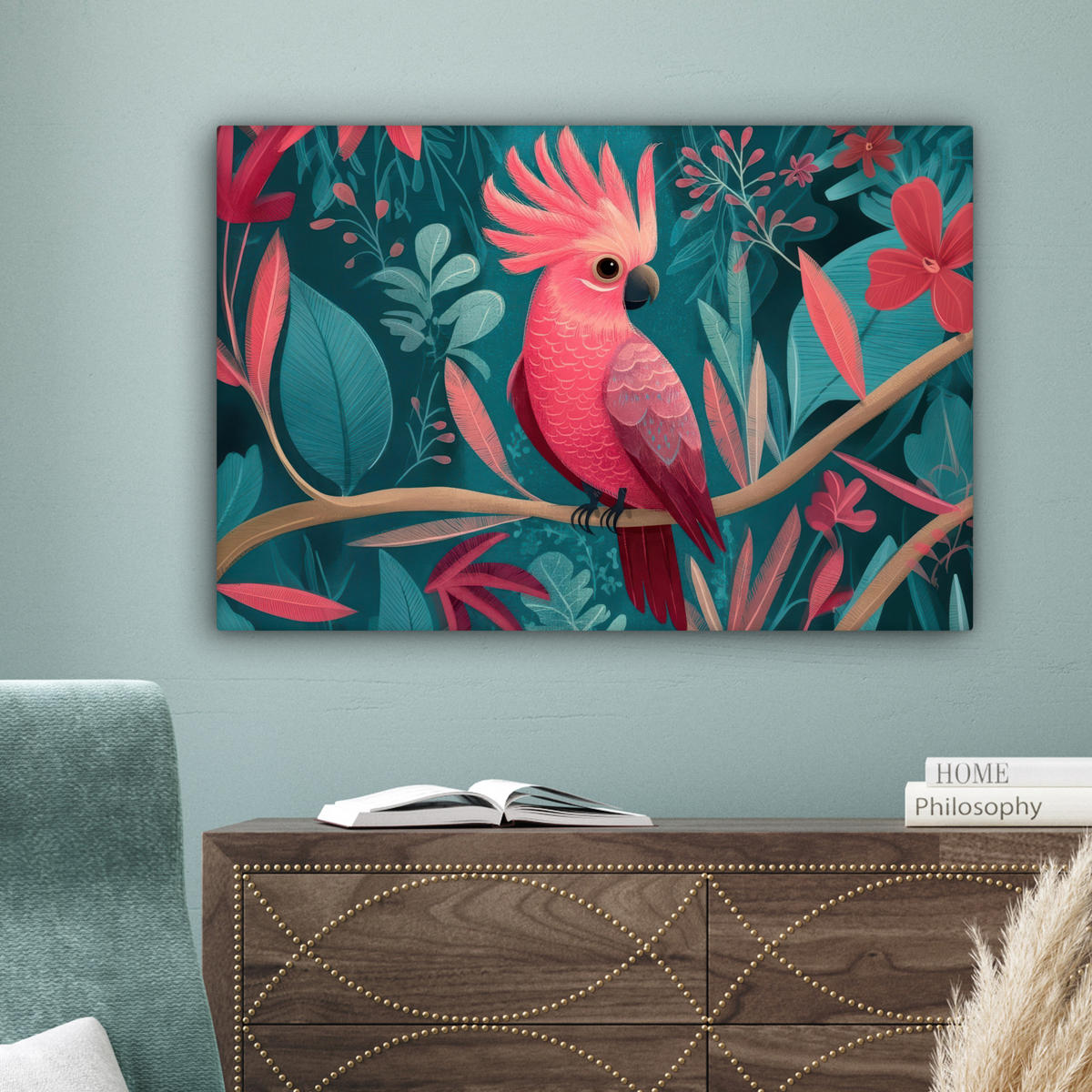 LEINWANDBILD Kakadu - Tropische Blätter - Zweig Wanddeko 90x60 cm - Petrol, Textil (90/60cm) - MuchoWow