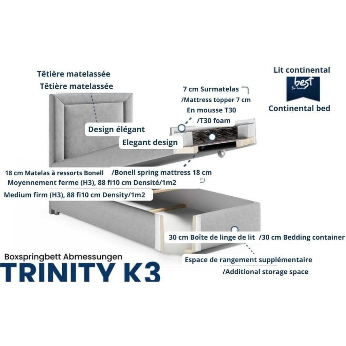 BOXBETT mit Bettkasten Trinity K-3 SINGLE Bonellfederkern inkl. Topper - Creme, Holz/Holzwerkstoff (90/200cm) - Best For Home