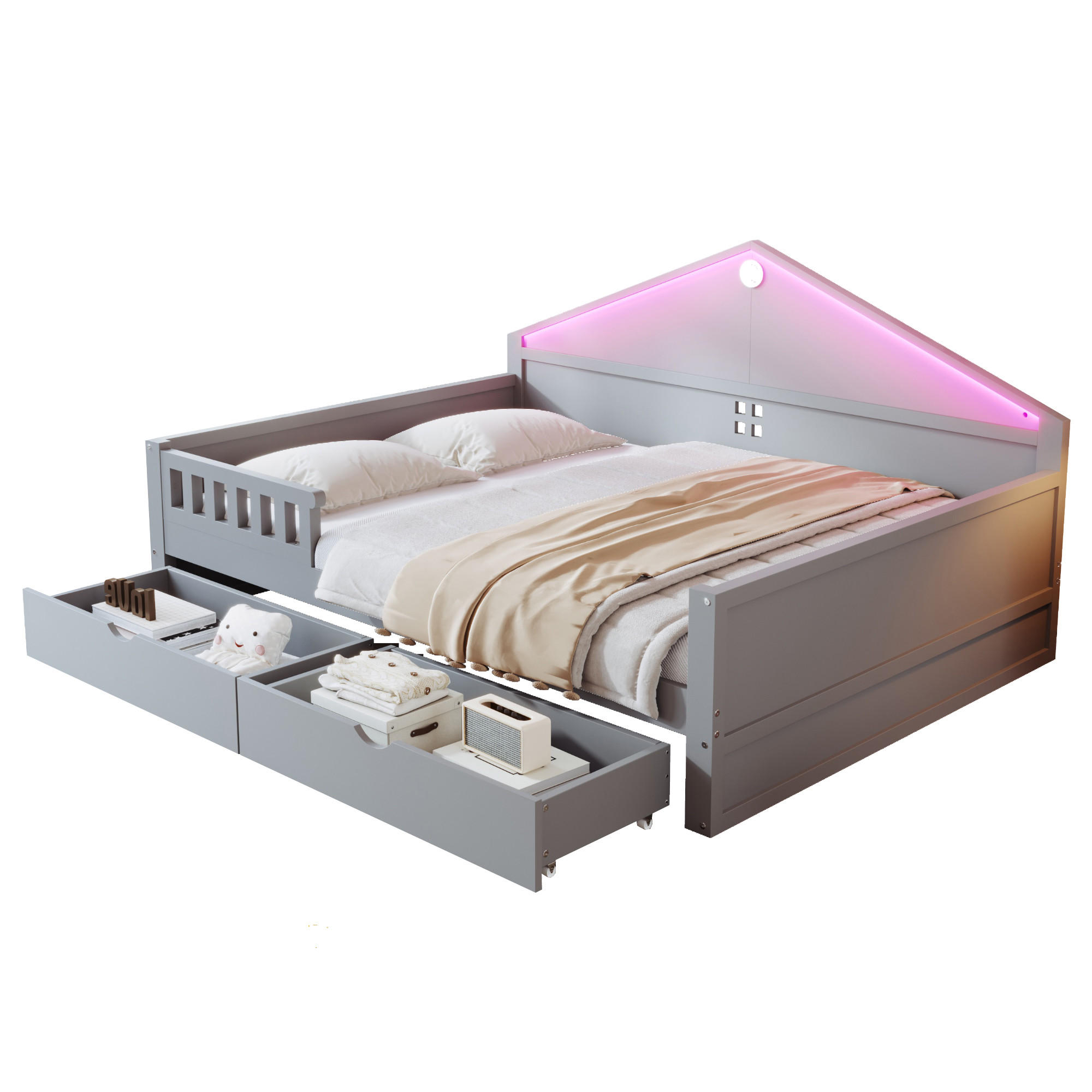 BETT mit LED-Lichtleiste und 2 Schubladen 140x200 cm Grau - Grau, Holz (140/200cm) - Meubliv