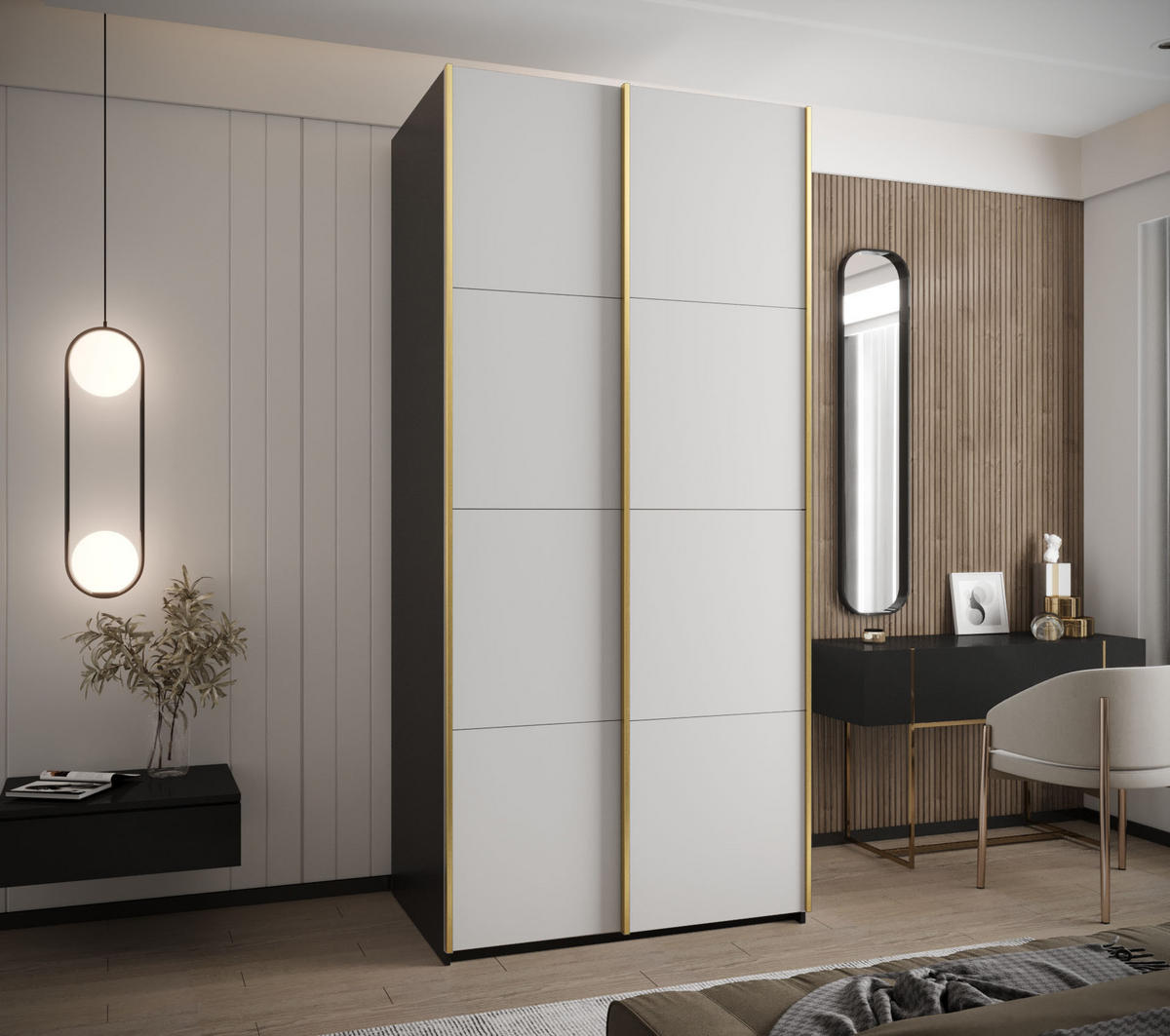 SCHWEBETÜRENSCHRANK 245,5/110/64 2-türig - Goldfarben/Schwarz, Holz/Metall (110/245/64cm) - Abiks Möbel