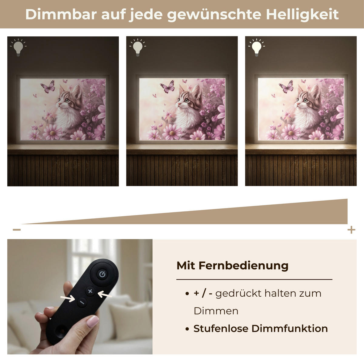 NÁSTĚNNÁ LAMPA S AKUMULÁTOREM Koťátko - Květiny - Motýli - Fialová 40x30 cm - starorůžová, kompozitní dřevo (40/30/8cm) - OnlyWow