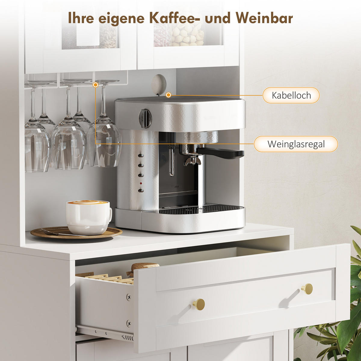 KÜCHENSCHRANK Buffetschrank mit Arbeitsplatte verstellbaren Regalen Türen Weiß - Goldfarben/Weiß, Holzwerkstoff/Metall (38/170/68cm) - HOMCOM