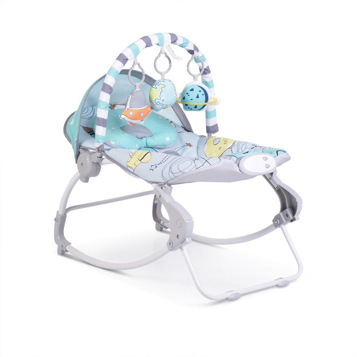 BABYWIPPE Space Tour grau mit Spielbogen, Musik, Vibration, Liegepositionen, Sicherheitsgurt - Grau, Metall - Moni