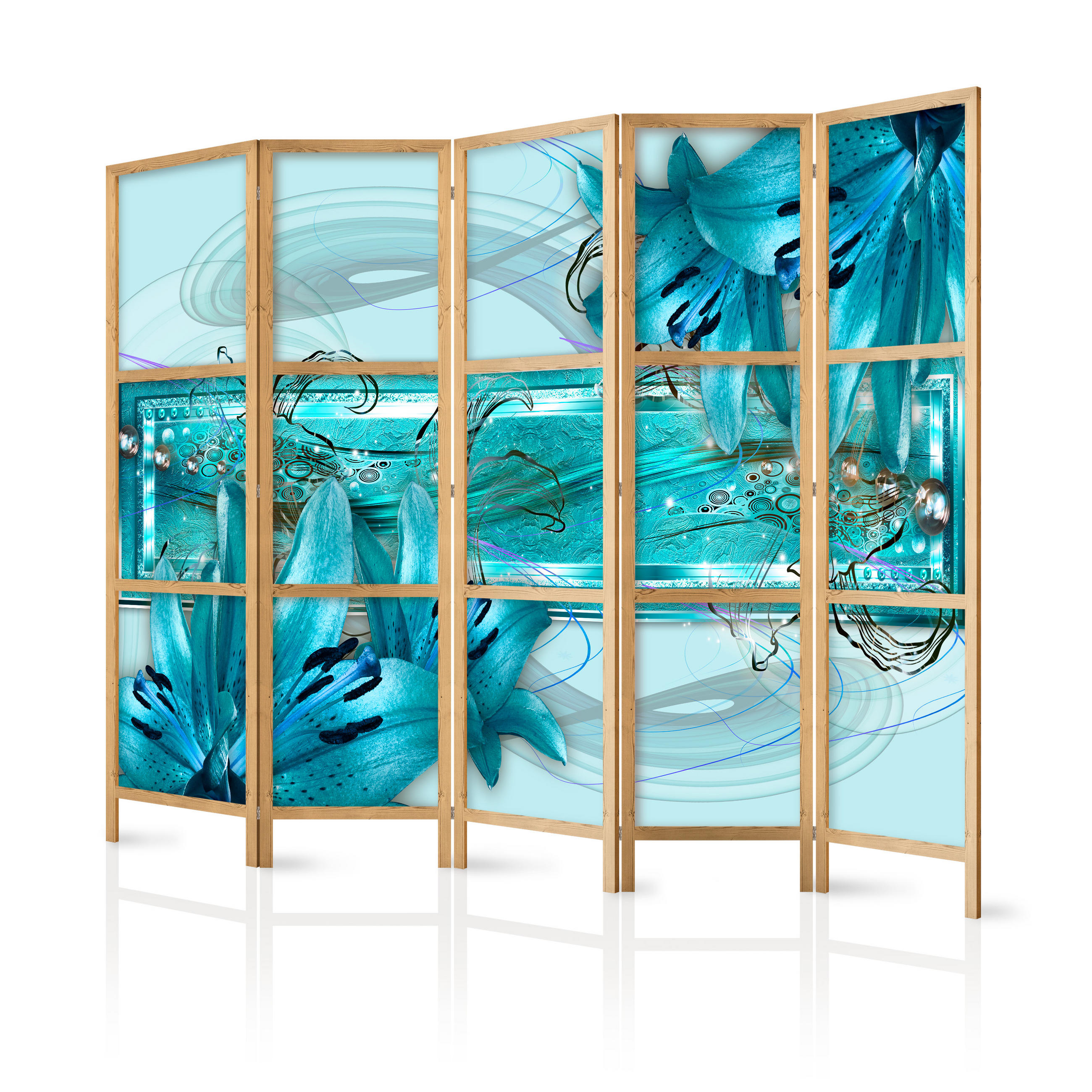 PARAVENT Japanischer 5-tlg 225x172 cm Blumen Abstraktion - Blau, Holz/Textil (225/172/3cm) - Muralo