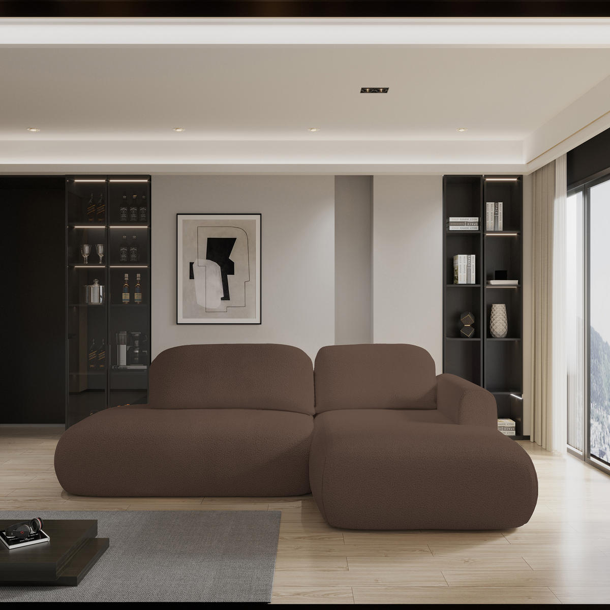 ECKSOFA NUVIRA R-S Braun Boucle-Stoff mit Schlaffunktion - Braun, Holz (274/165cm) - MASSENO