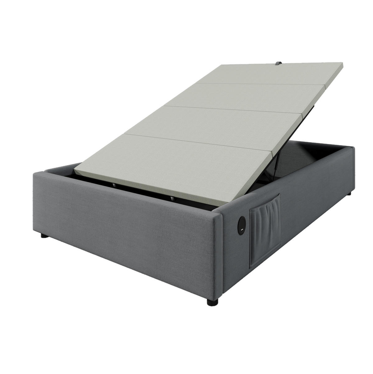 POLSTERBETT 90/190 cm mit hydraulischem Bettkasten & USB/Type-C, ohne Kopfteil, Grau - Grau, Textil (90/190cm) - Redom