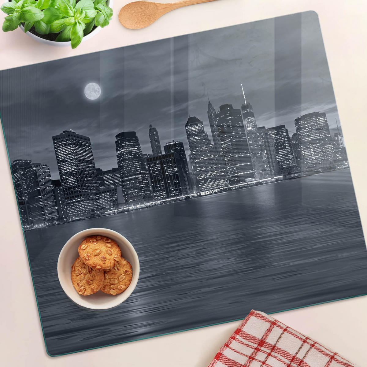 GLASPLATTE 60x52 cm New York bei Nacht - Schwarz, Glas (60/0.4/52cm) - TULUP