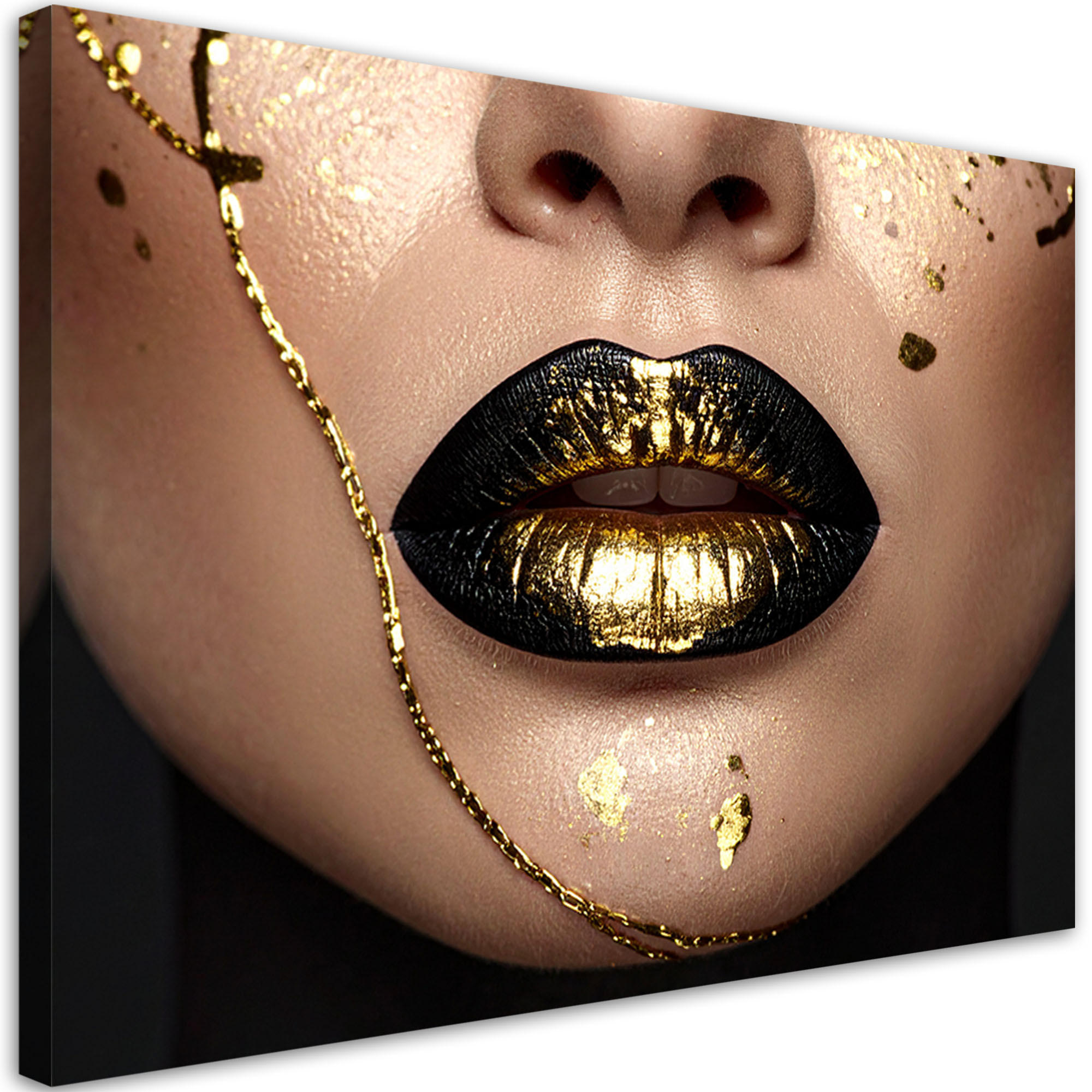 BILD auf Leinwand, Schwarze Lippen mit goldenem Schimmer im glamourösen Stil - Goldfarben, Textil (30/20cm) - Feeby