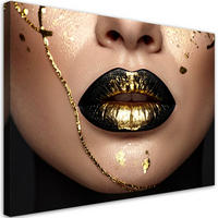 BILD auf Leinwand, Schwarze Lippen mit goldenem Schimmer im glamourösen Stil - Goldfarben, Textil (30/20cm) - Feeby