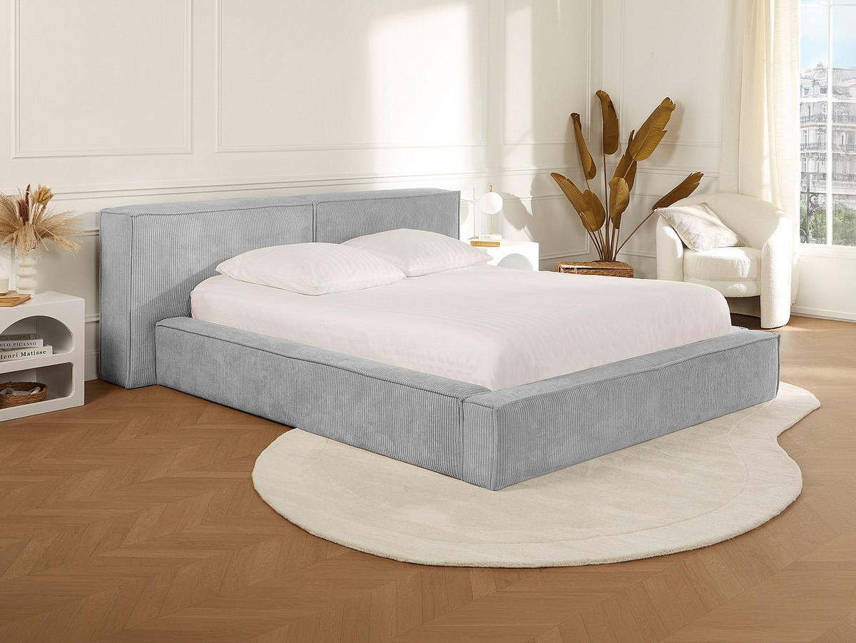BETT mit Bettkasten - 2 Personen - Samt, Stoff - Hellgrau - Hellgrau, Textil (160/200cm) - Vente-Unique