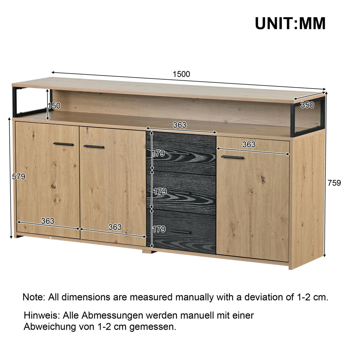 SIDEBOARD mit 3 Türen und 3 Schubladen, verstellbare Einlegeböden, 150/35/75,9 cm, Schwarz/Holzoptik - Naturfarben, Holzwerkstoff (150/75.9/35cm) - Redom