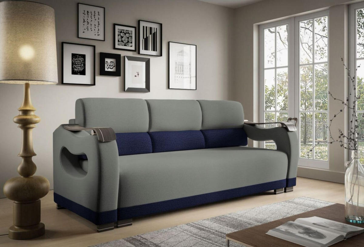 SCHLAFSOFA - Bettsofa Muscari II - Grau + Dunkelblau (Loca 13 + Loca 21) - Dunkelblau, Holz (227/90/92cm) - Möblo