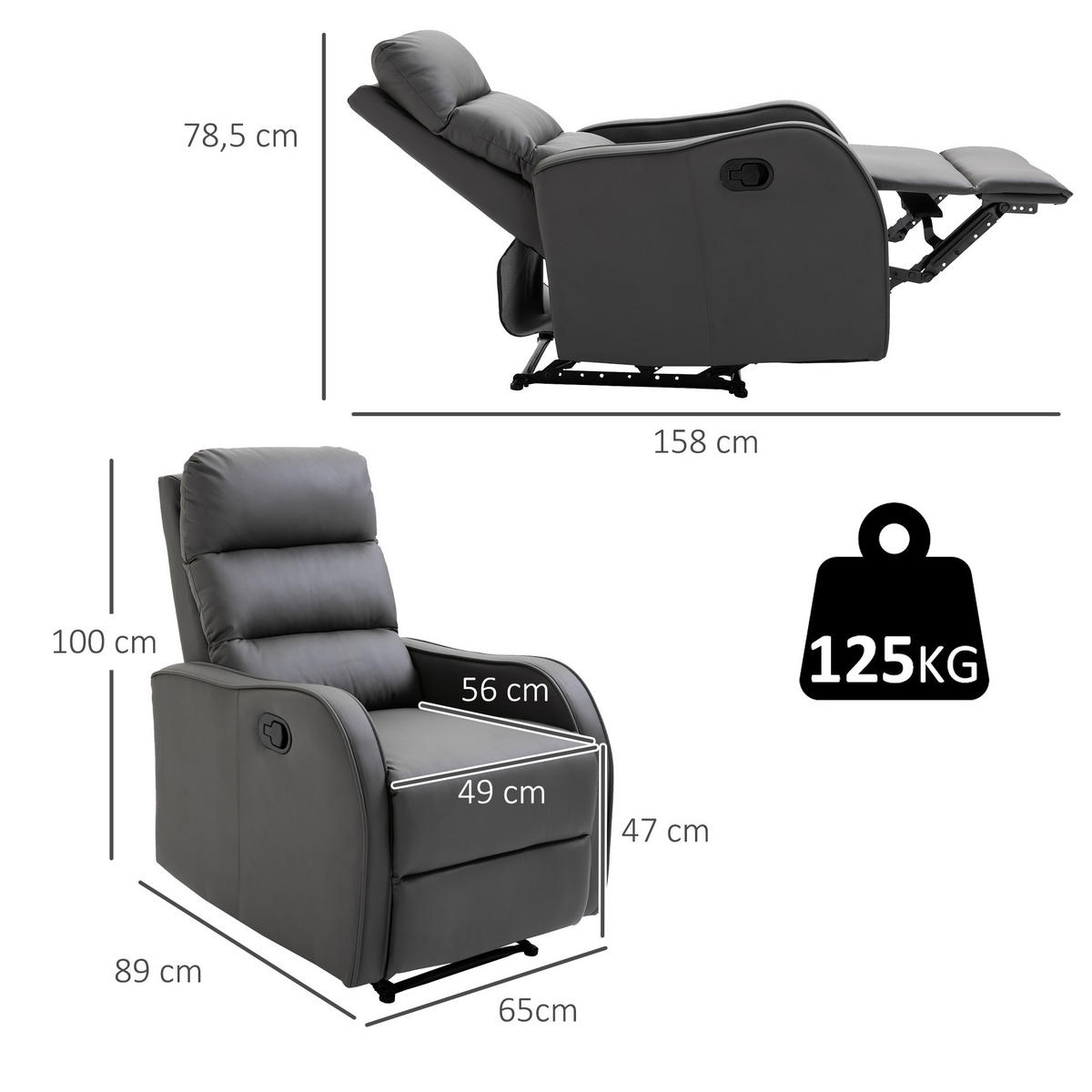 RELAXSESSEL, Kunstleder Eisen Dunkelgrau - Dunkelgrau, Kunststoff (65/100/89cm) - HOMCOM