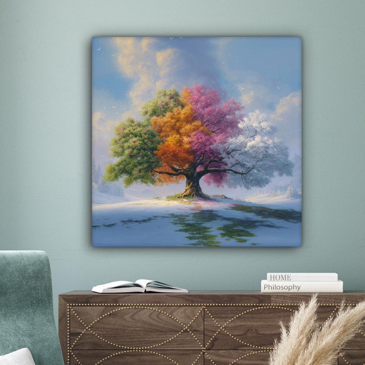 LEINWANDBILD Baum - Jahreszeiten - Winter - Landschaft Deko Groß 90x90 cm - Multicolor, Textil (90/90cm) - MuchoWow