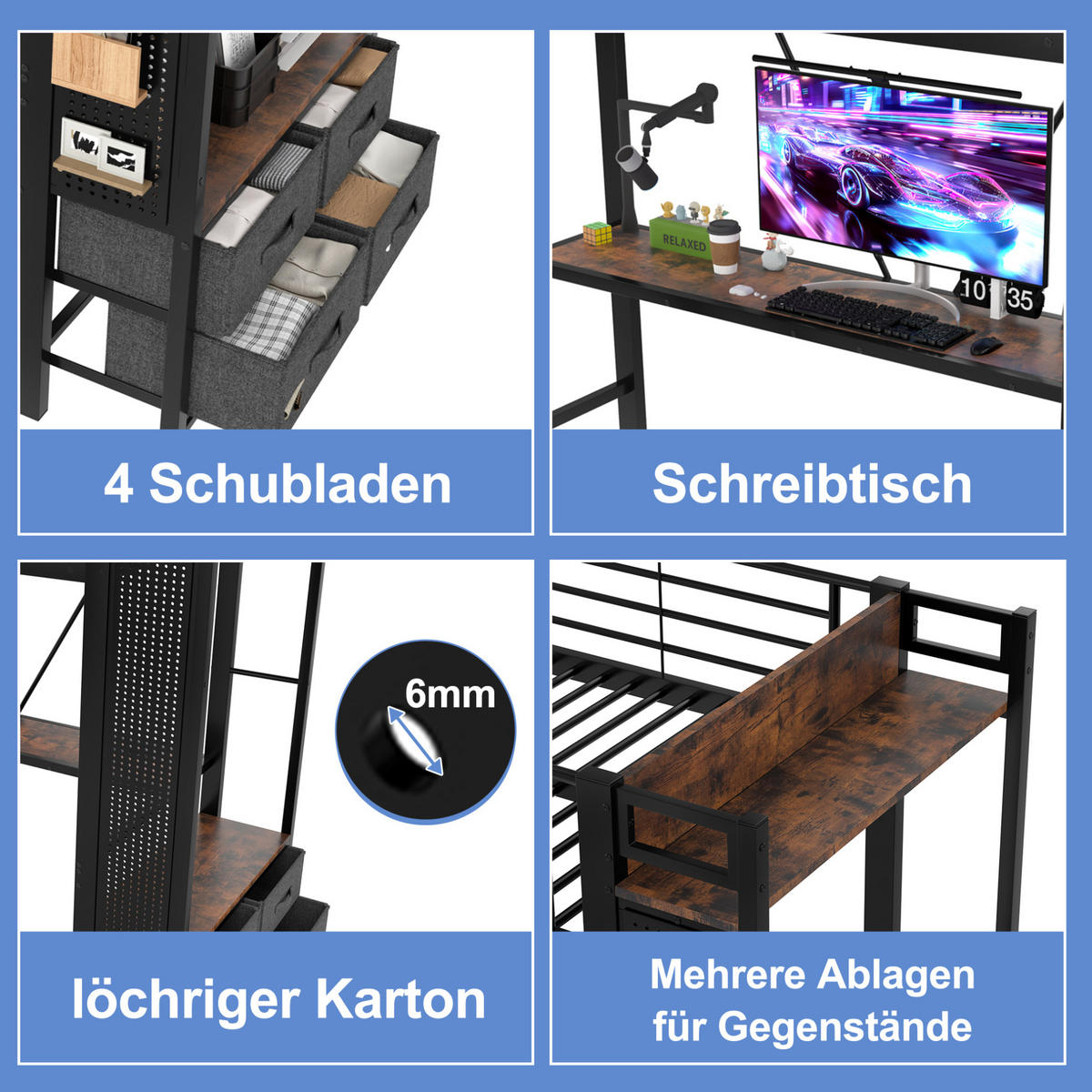 HOCHBETT 90/200 cm aus Metall mit Schreibtisch, 4 Schubladen und LED-Beleuchtung - Schwarz, Metall (90/200cm) - Flora Grace