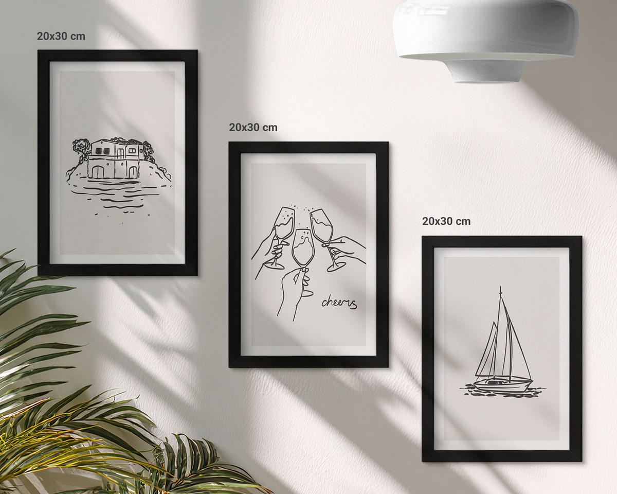 BILDER SET 3er Set - 20x30 cm Schwarzer Rahmen - Haus am Wasser, Segelboot-Toast - Schwarz, Kunststoff (20/30cm) - TULUP