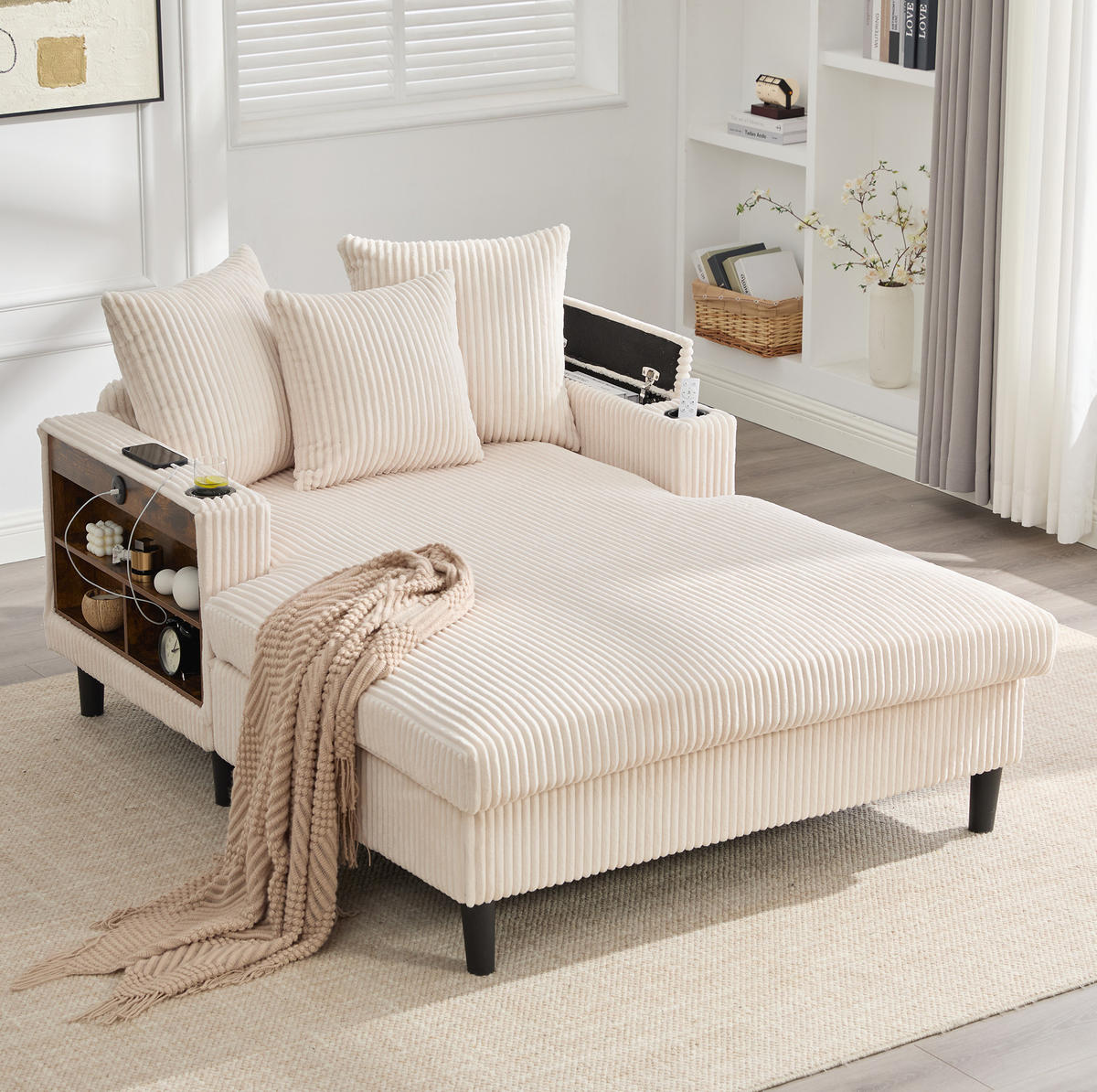 CHAISELONGUE 129/170/70 cm mit LED-Beleuchtung, USB-Ladeanschluss, Stauraum und Becherhaltern, Beige - Beige, Textil (170/70/129cm) - Redom