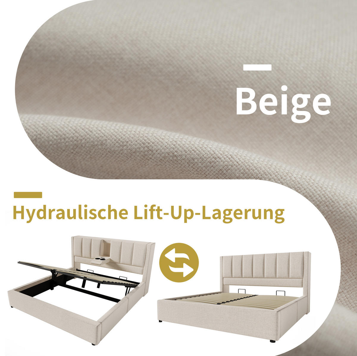 POLSTERBETT 140/200 cm Beige aus Leinen mit Stauraum und Ladestation - Beige, Textil (140/200cm) - OKMYHOME