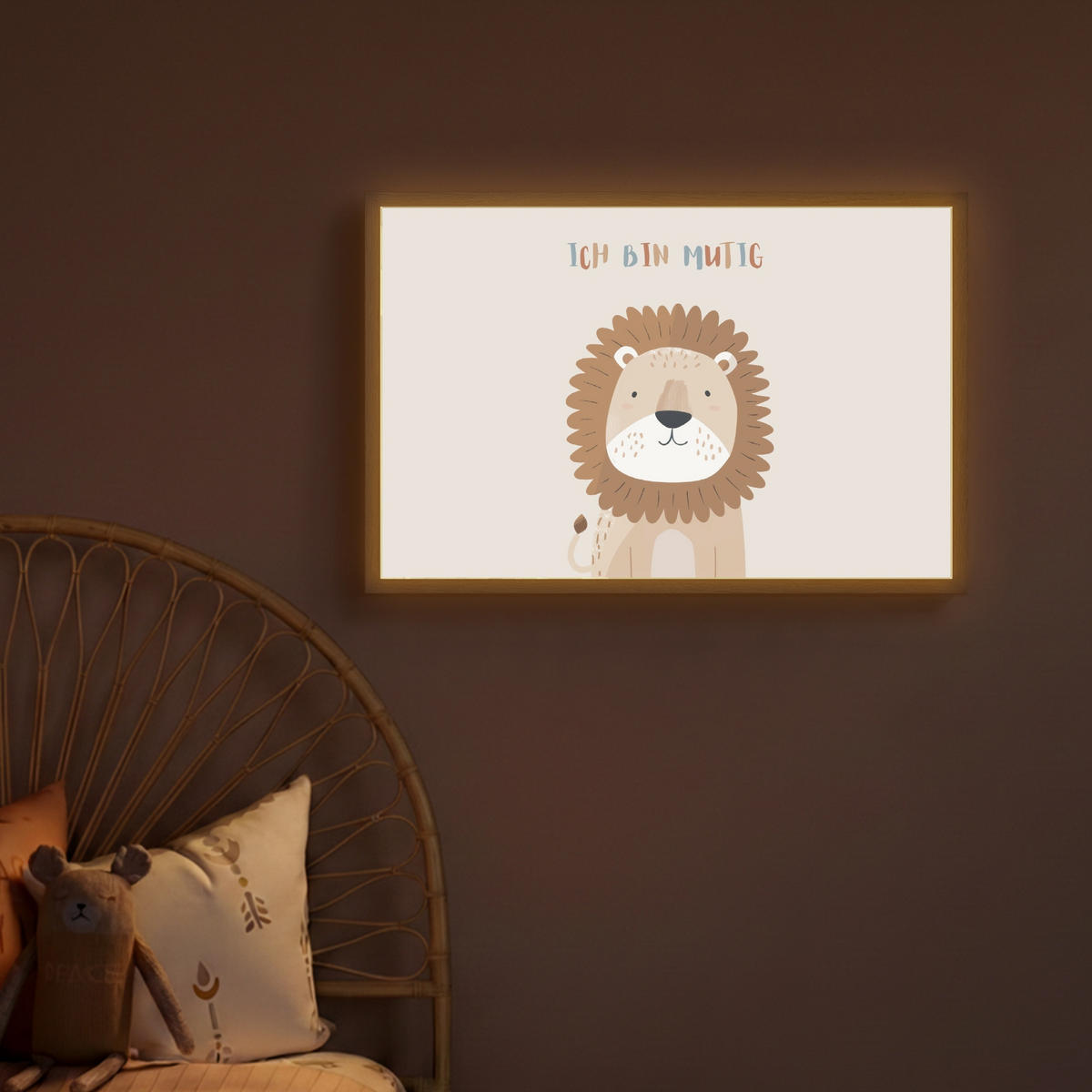 NACHTTISCHLAMPE MIT AKKU Löwe - Beige - Tier - Mutig - Zitat 60x40 cm - Beige, Holzwerkstoff (8/60/40cm) - OnlyWow
