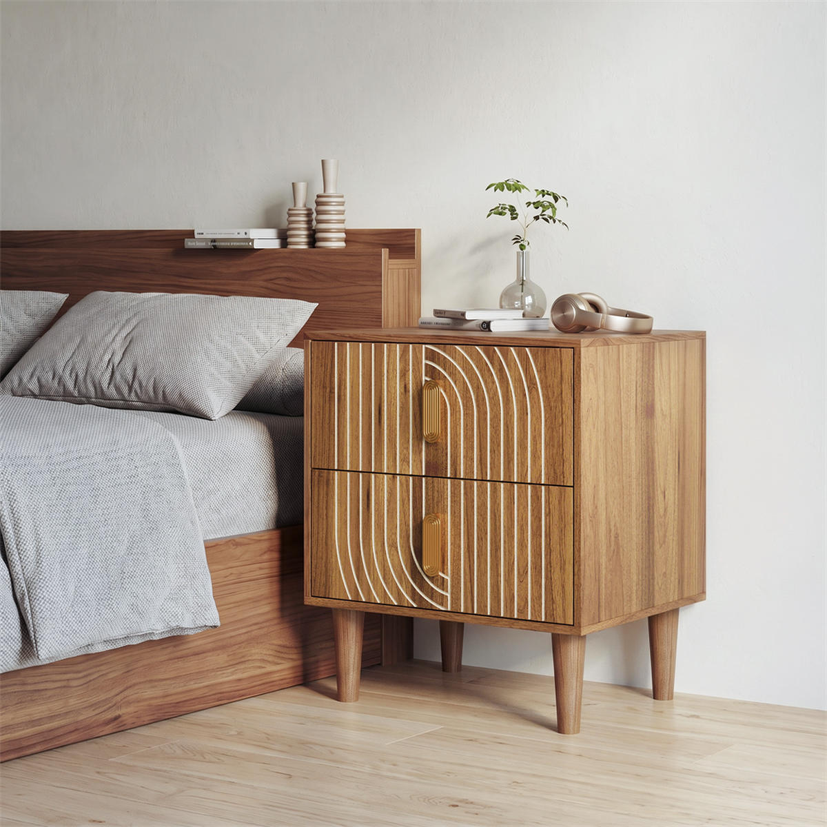 NACHTTISCH mit 2 Schubladen - Stilvollen Metallgriffen & Stabilem Massivholzbeine - für Schlafzimmer & Wohnzimmer - Walnussfarben, Holzwerkstoff (38/56/48cm) - DELFA
