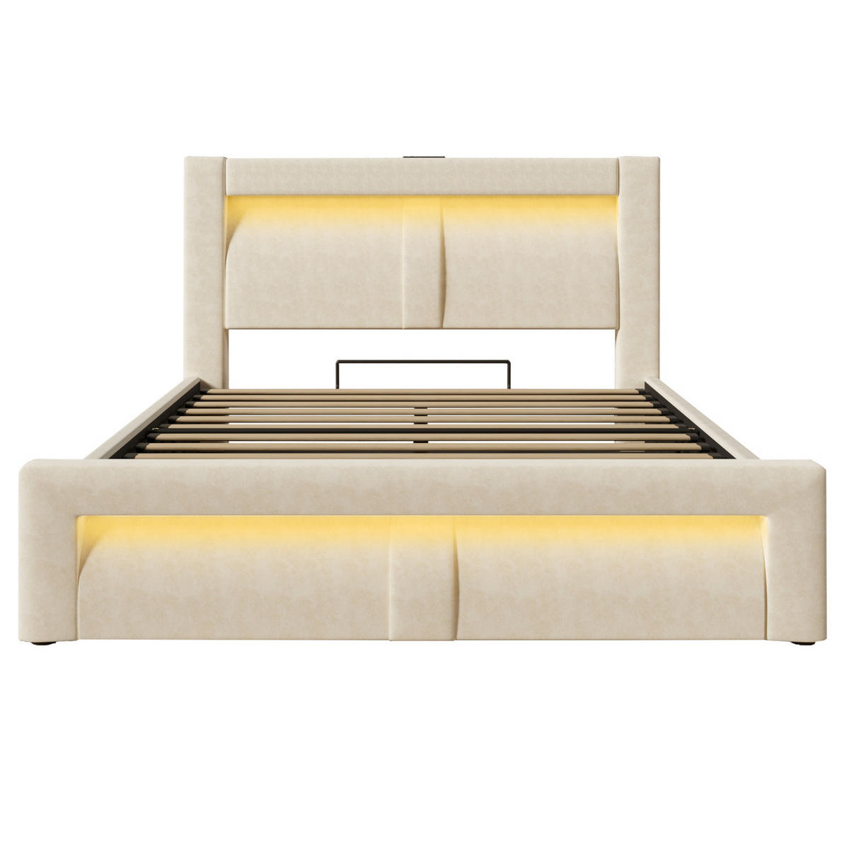 SAMT-POLSTERBETT 160/200 cm mit Bettkasten, LED-Beleuchtung und Ladefunktion - Beige, Textil (160/200cm) - BEAOK
