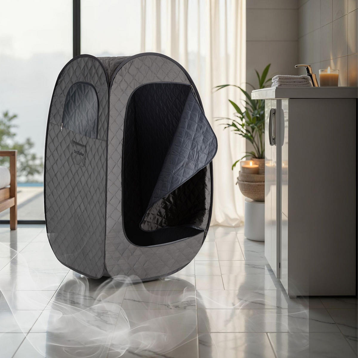 MOBILE DAMPFSAUNA Thermaluxe I, inkl. Fernbedienung, Matte, Klappstuhl und Tragetaschen, dunkelgrau/schwarz - Dunkelgrau/Schwarz, Kunststoff (84/145/84cm) - tectake