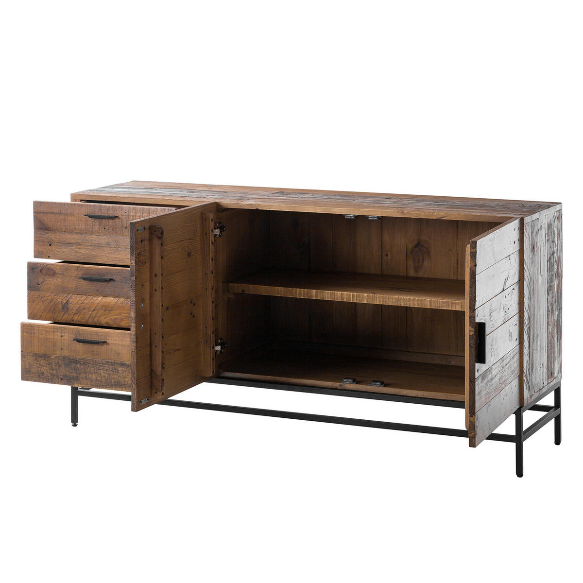 SIDEBOARD mit 2 Türen - Pinie massiv / Metall - Schwarz/Pinienfarben, Holz (160/80/45cm) - home24