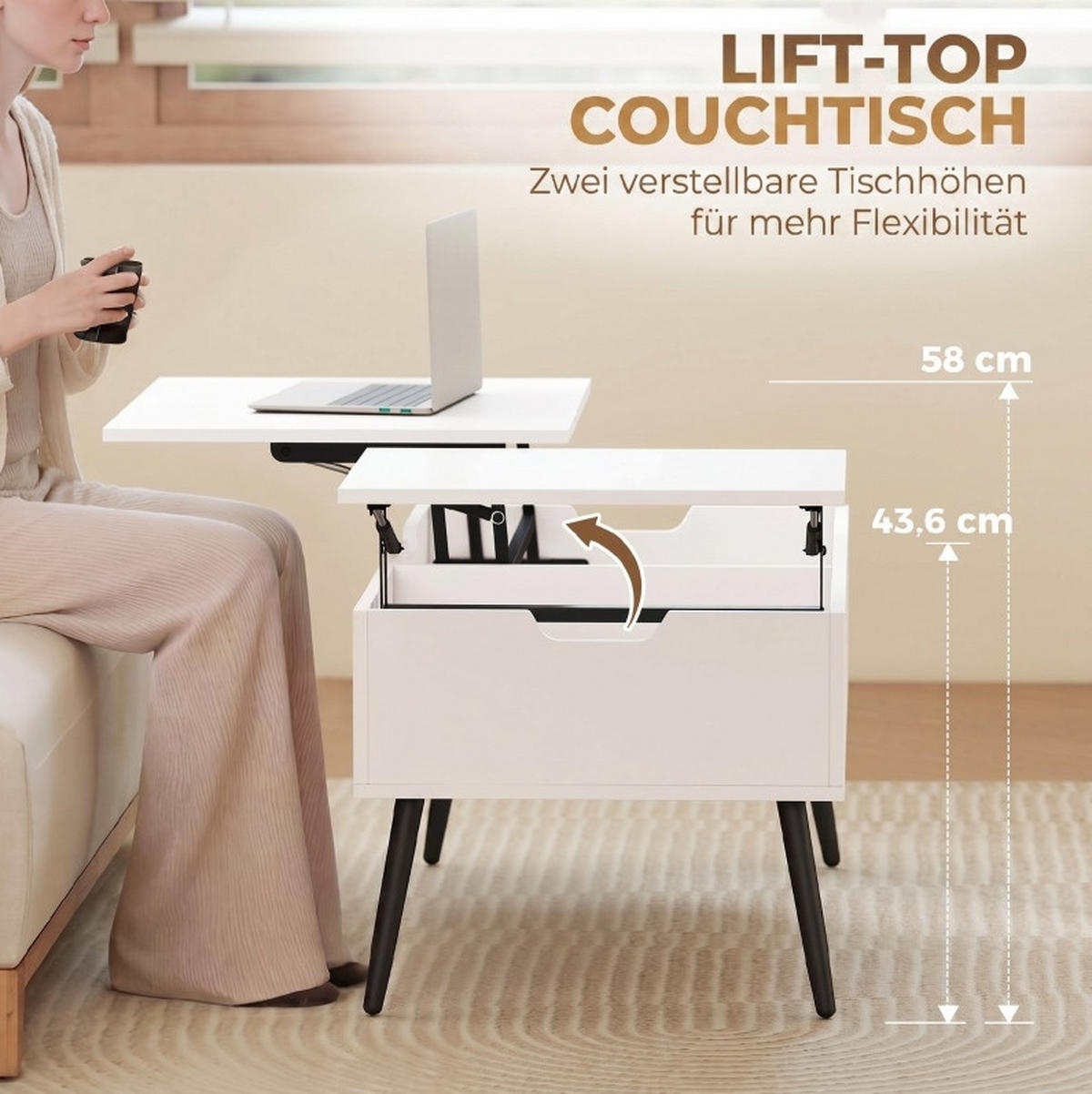 COUCHTISCH aus Spanplatte 100x50x58 cm Weiß höhenverstellbar mit verborgenem Stauraum - Weiß, Holz (100/50/58cm) - IVMEU
