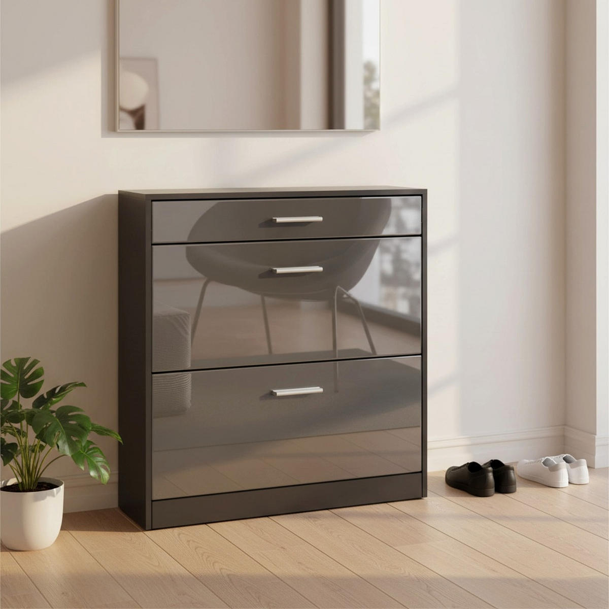 SCHUHSCHRANK Roma Schmal mit 2 Klappen und 1 Schublade, Platzsparender Schuhkipper, Schwarz/Grau Hochglanz (89 x 95,5 x 23 cm) - Grau, Holzwerkstoff (89/95.5/23cm) - InnoFurn