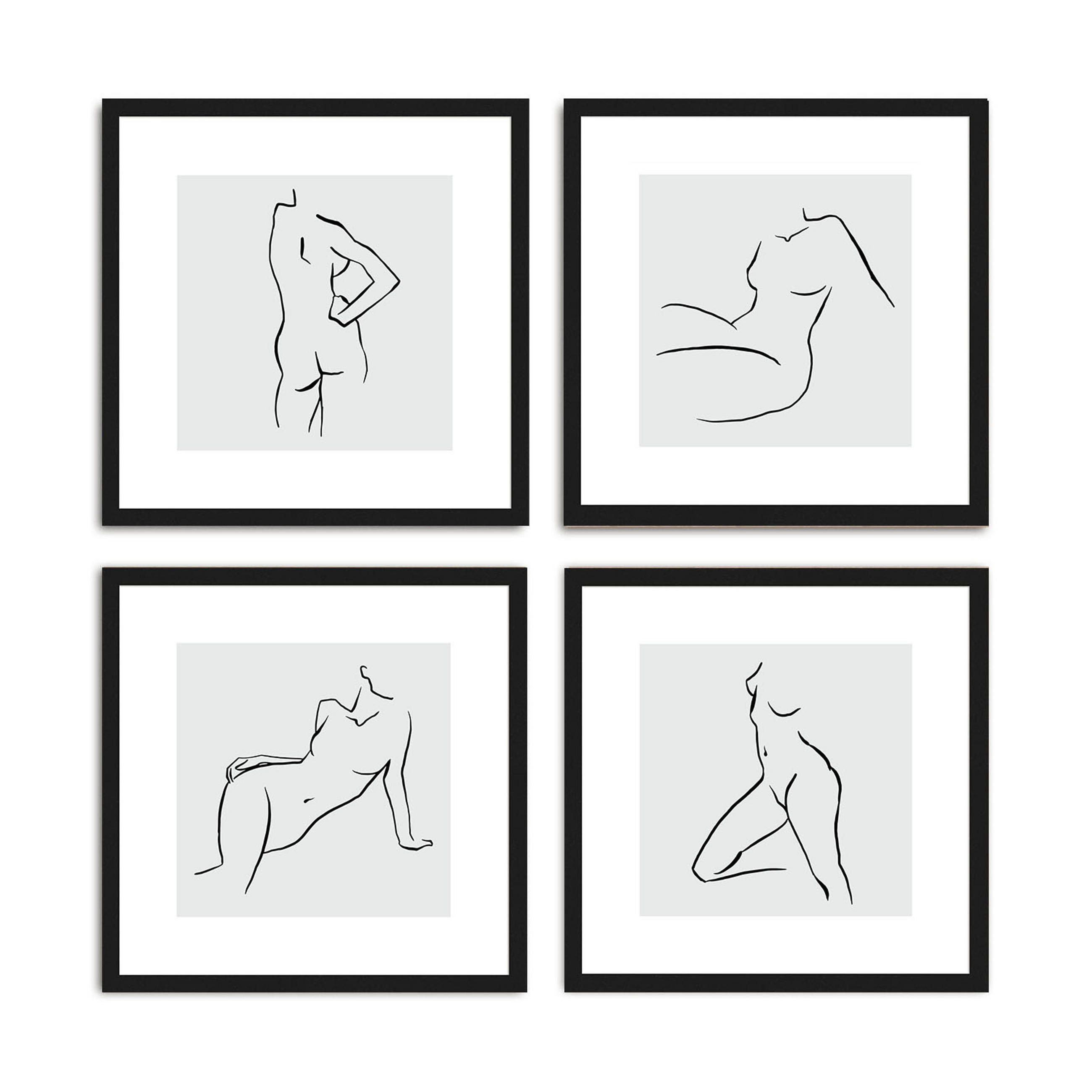 BILDER-SET mit Rahmen 4 x 30x30 cm Line Art Frauen schwarz weiß - Weiß, Holz (30/30cm) - artissimo
