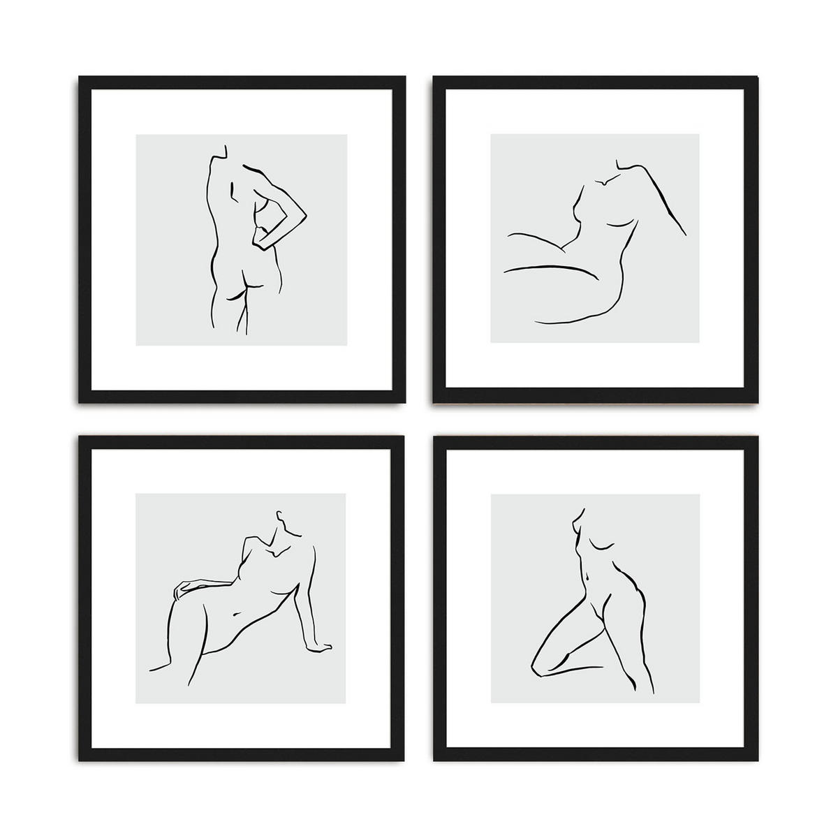 BILDER-SET mit Rahmen 4 x 30x30 cm Line Art Frauen schwarz weiß - Weiß, Holz (30/30cm) - artissimo