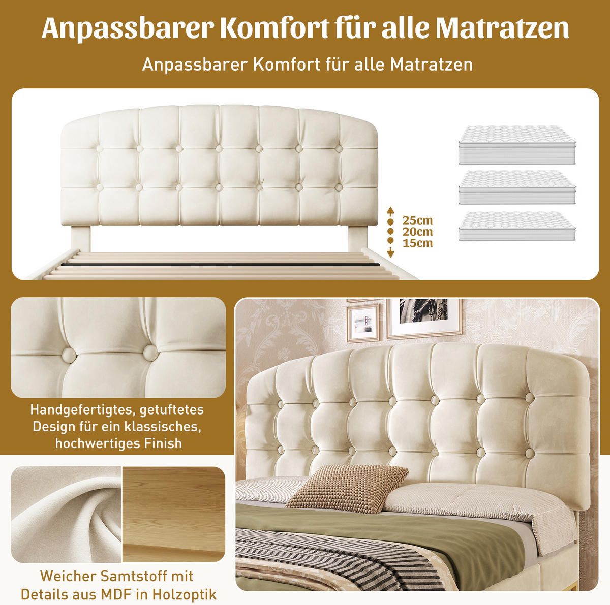 POLSTERBETT 140/200 cm Beige aus Samt mit Stauraum - Beige, Textil (140/200cm) - OKMYHOME