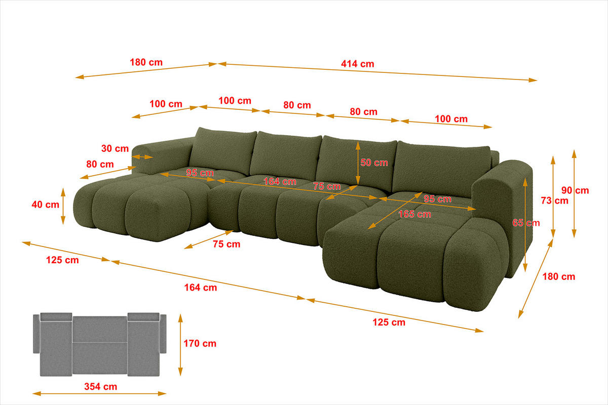 WOHNLANDSCHAFT Ottomane Links CLOUD-U 414x180x40 Grün Bouclé - Grün, Holzwerkstoff/Kunststoff (414/90/180cm) - ALTDECOR