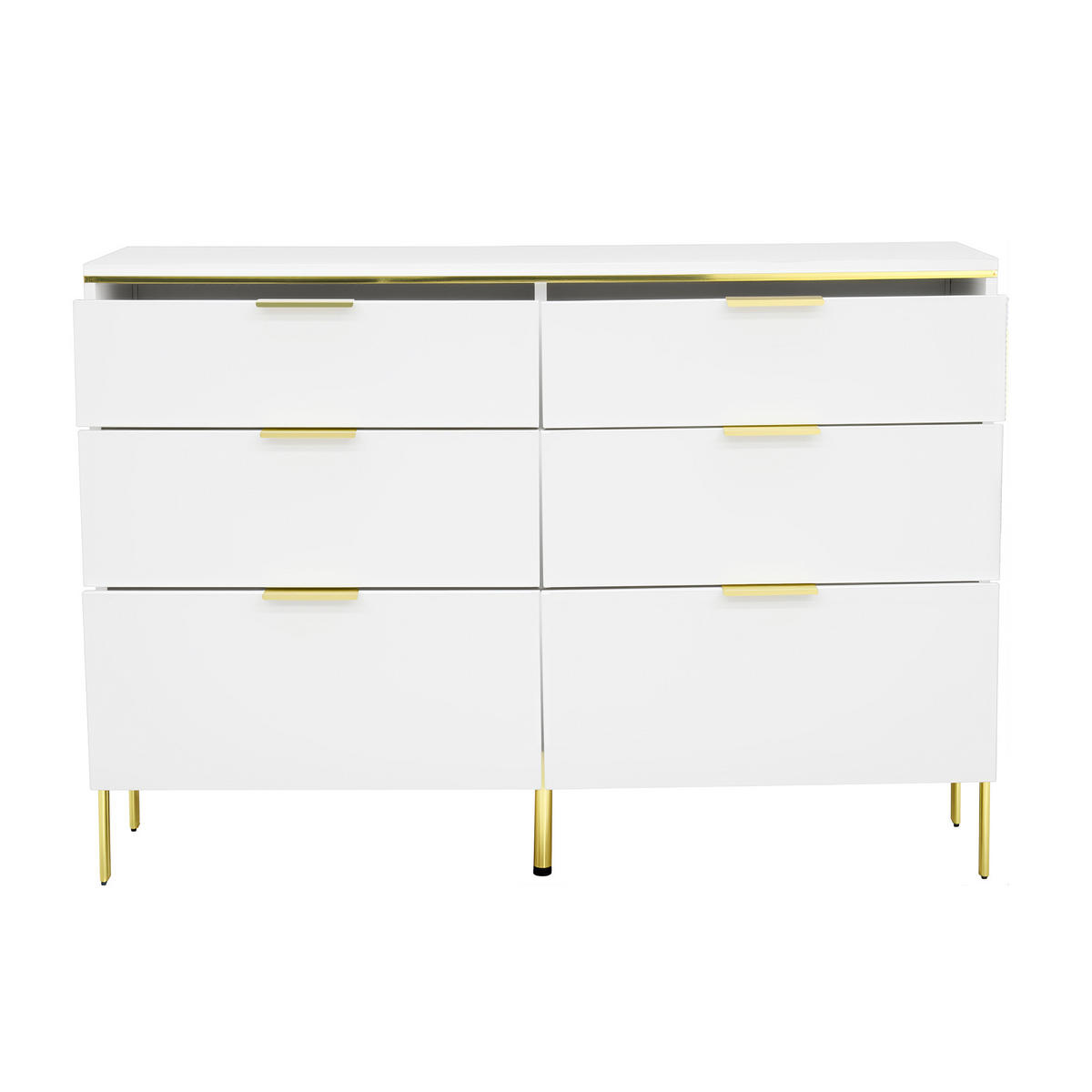 SIDEBOARD in Weiß Kommode mit 6 Schubladen, Hochglanz-Fronten und großem Stauraum für Wohnzimmer, B120/T40/H85.5cm - Goldfarben/Weiß, Holzwerkstoff/Metall (120/85.5/40cm) - STILVORA