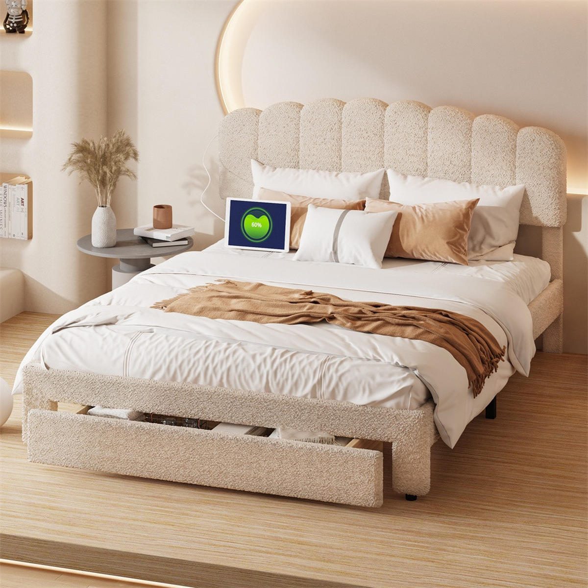 POLSTERBETT 160x200 cm mit verstellbarem Kopfteil und 1 Schublade am Fußende - ohne Matratze - Beige - Beige, Textil (160/200cm) - DELFA