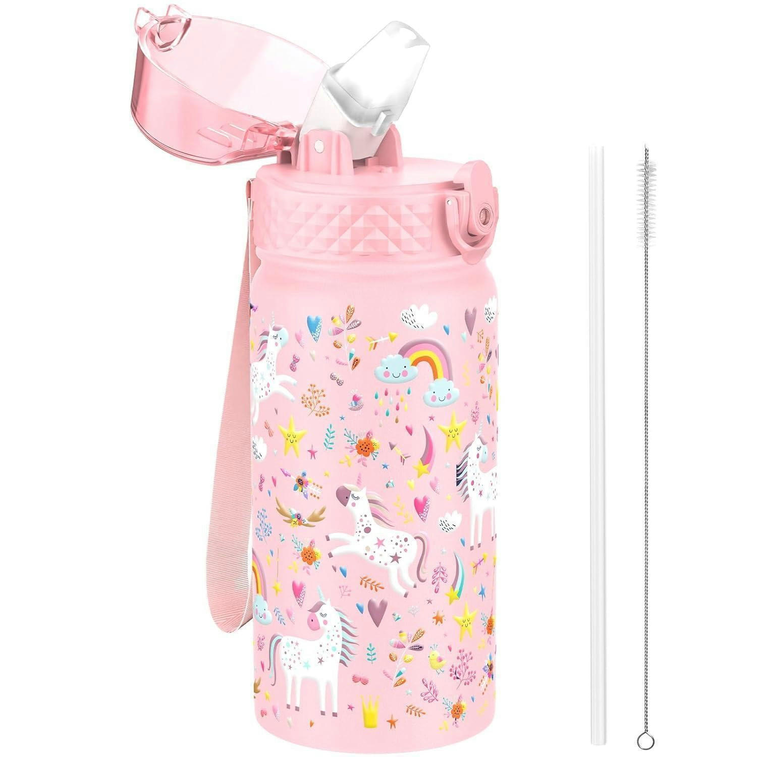 TRINKFLASCHE Kinder 420ml Edelstahl mit Strohhalm und auslaufsicherem Deckel Rosa Einhorn - Rosa, Metall (7.5/7.5cm)