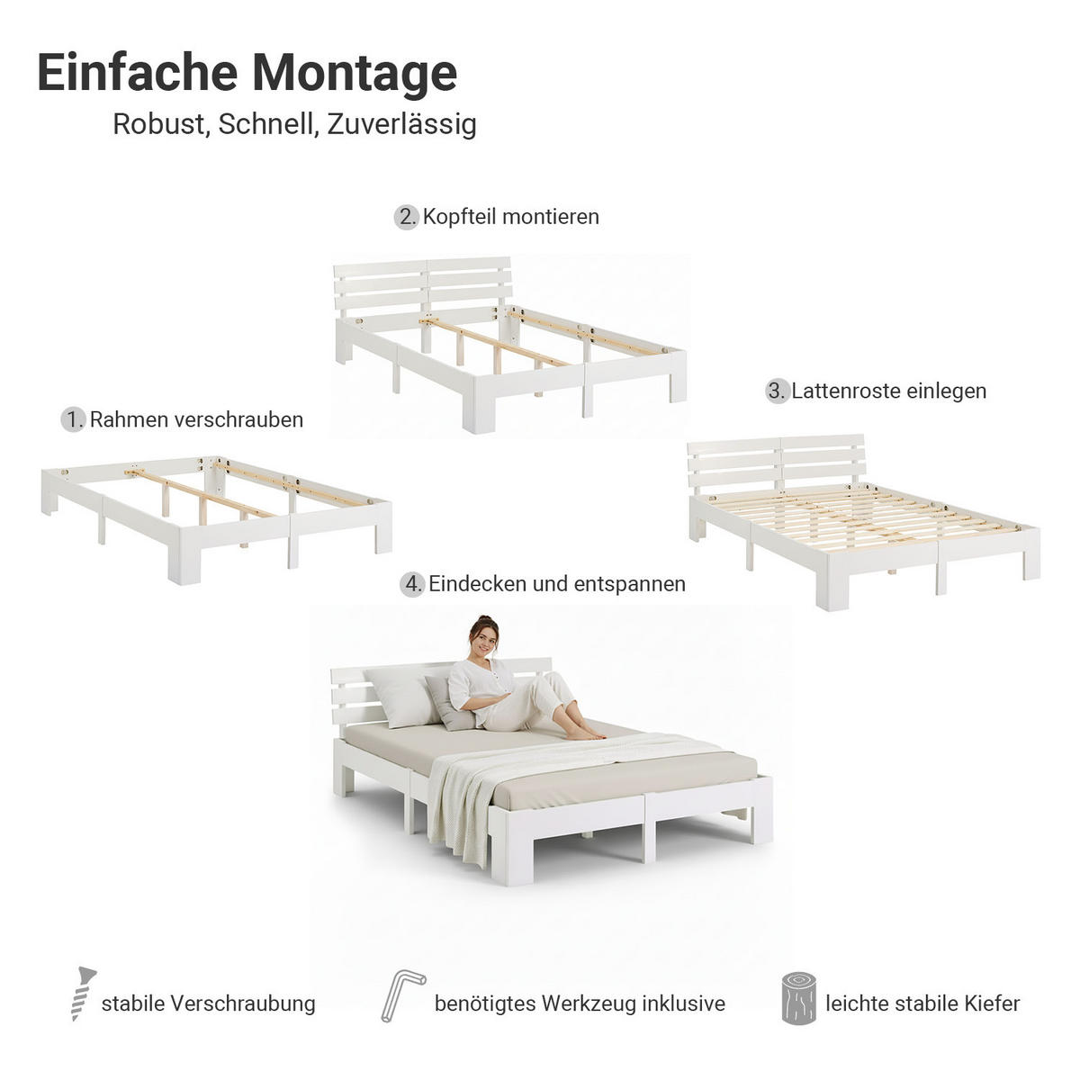 HOLZBETT Weiß 160/200 cm Doppelbett mit Matratze - Weiß, Holz (160/200cm) - Homestyle4u