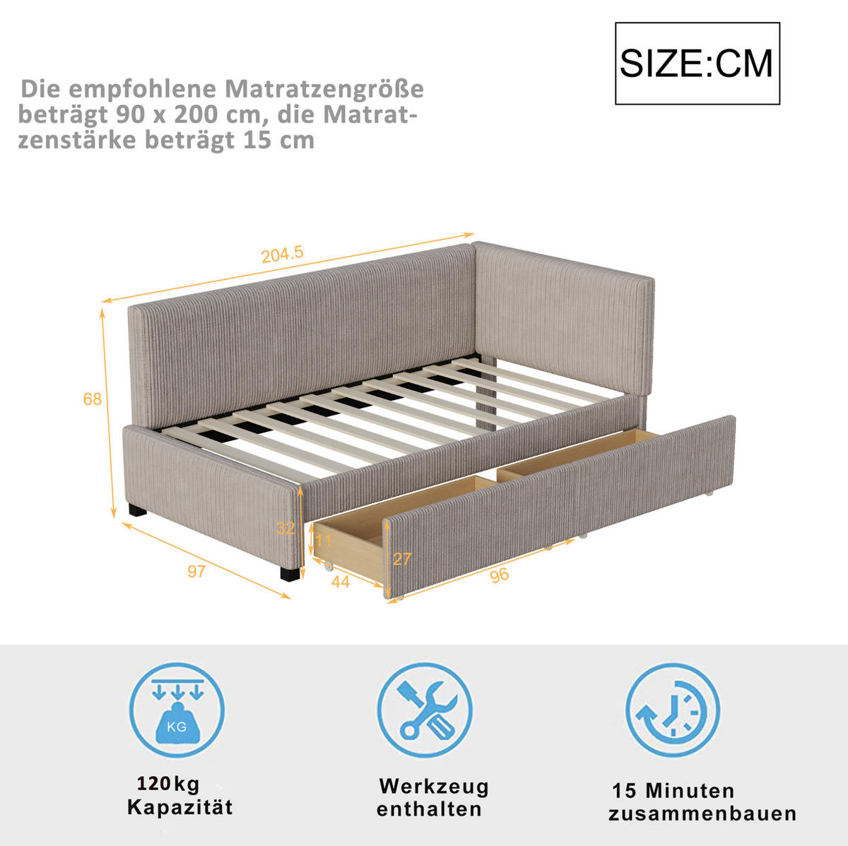 POLSTERBETT 90/200 cm mit 2 Stauraumschubladen, Lattenrost und Samtbezug, Grau - Grau, Leder (90/200cm) - Redom