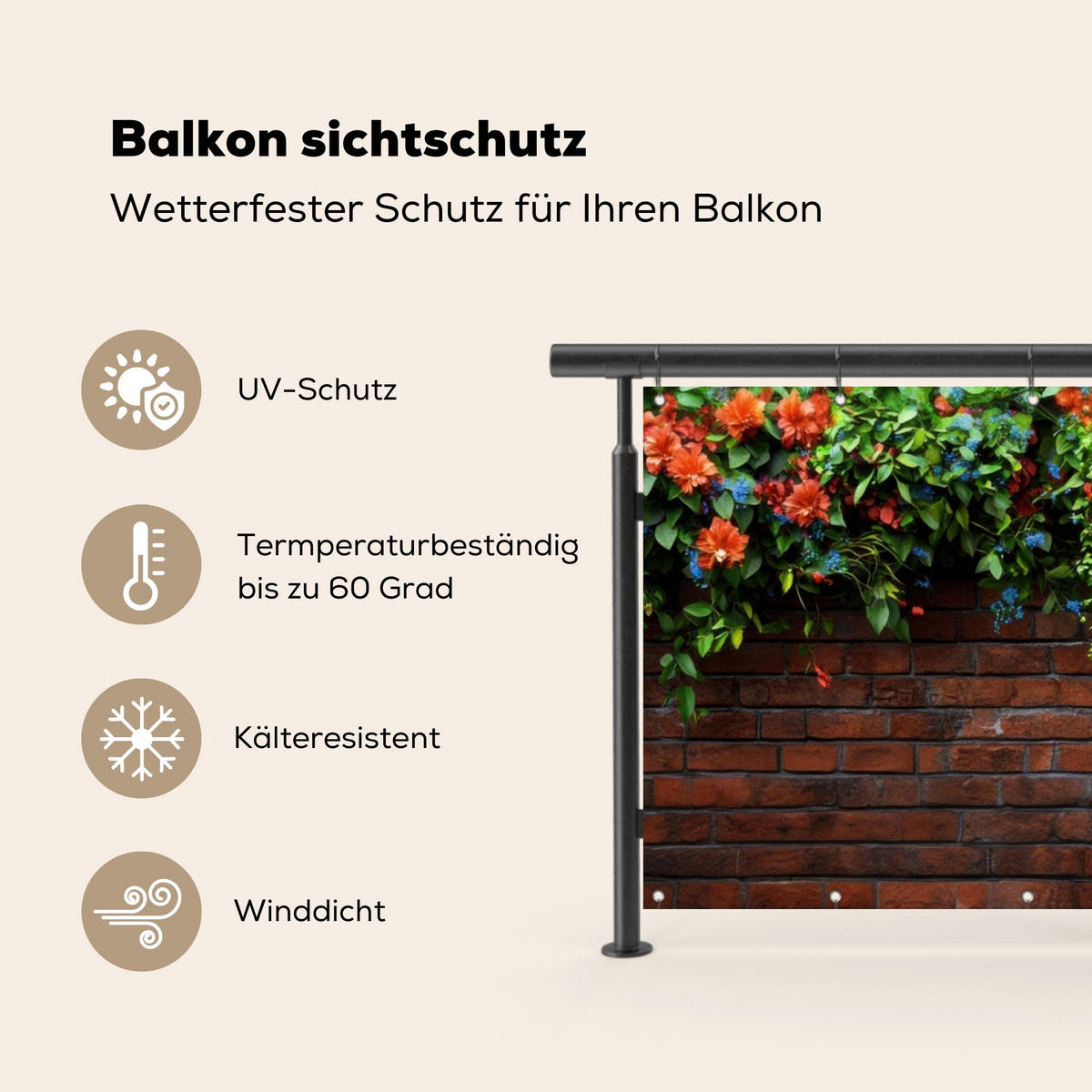 BALKON-SICHTSCHUTZ Blumen - Wand - Grün - Orange - Rotbraun, Kunststoff (300/110cm) - MuchoWow