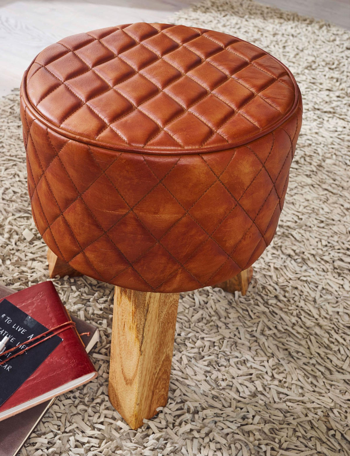 SITZHOCKER – Holz/Leder, 46 cm, Rautenmuster, Braun - Braun, Mangoholz/Leder (35/46/35cm) - KADIMA DESIGN