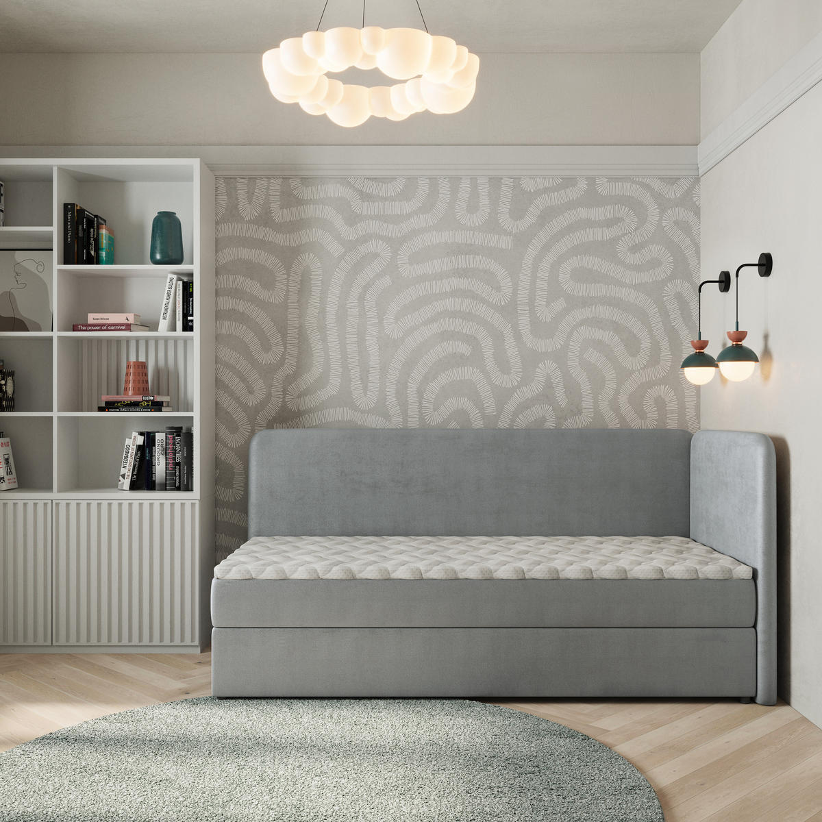 BOXBETT GINA 80x200 cm mit Matratze und Topper, H2+H3 - Hellgrau - Hellgrau, Holz (80/200cm) - MASSENO