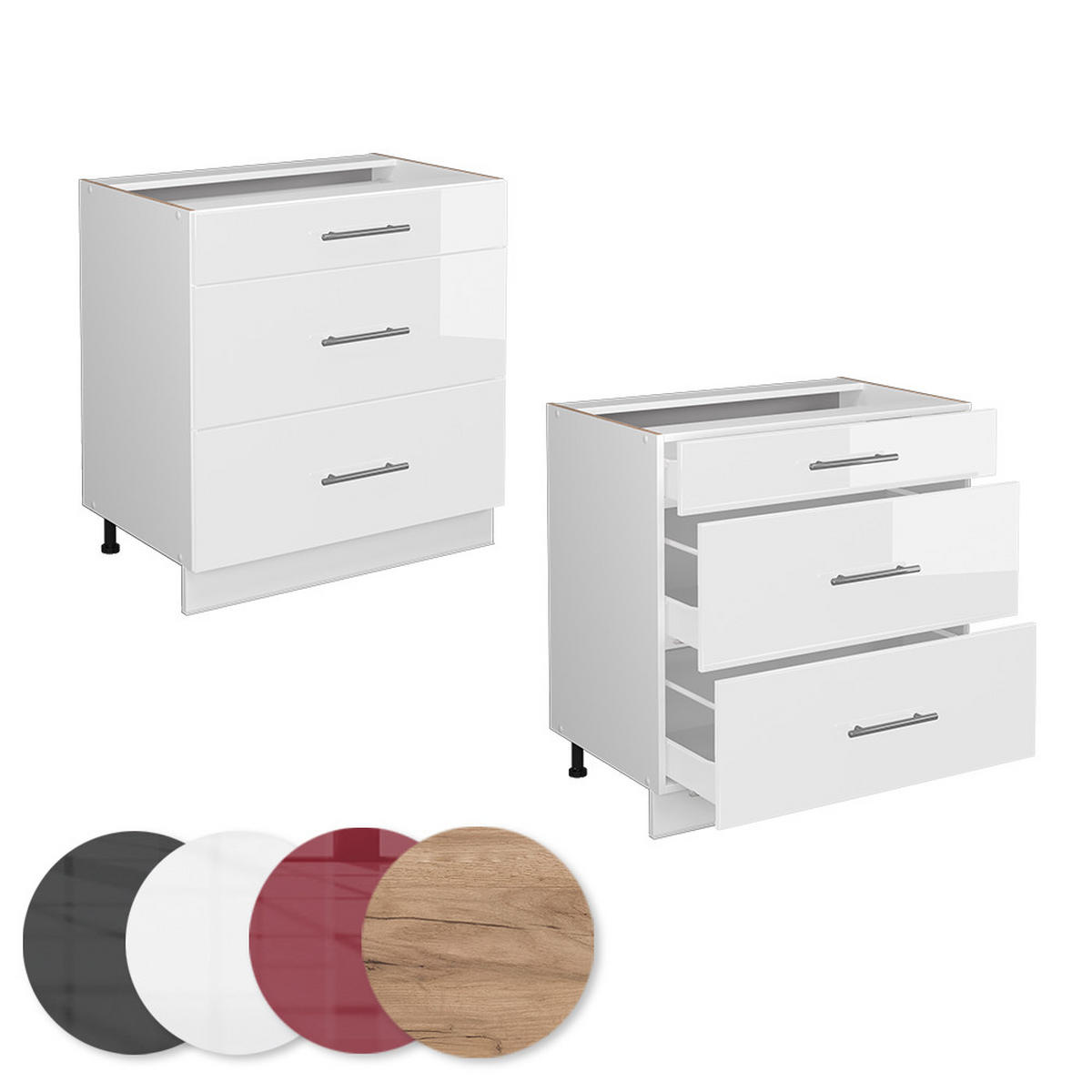 KÜCHENUNTERSCHRANK Fame-Line Weiß Hochglanz 80 cm mit 3 Schubladen ohne AP - Weiß Hochglanz/Weiß, Holzwerkstoff (80/82/51.6cm) - Vicco
